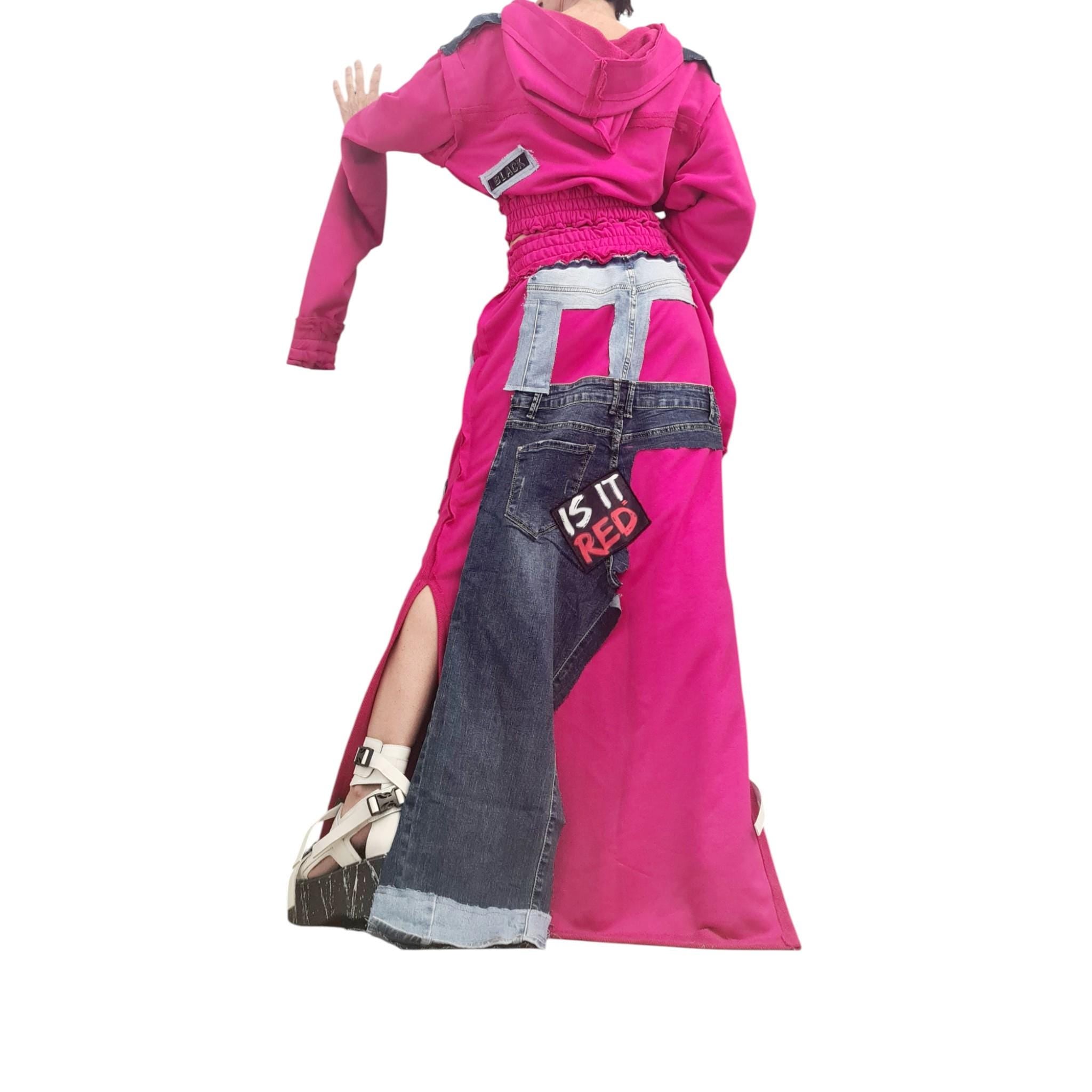 Long Cotton Skirt Switcher Set, Fuchsia Pink Handmade Outfit with Denim Elements, Asymmetrical Long Skirt Long Sleeve Top, Avant-Garde Set
