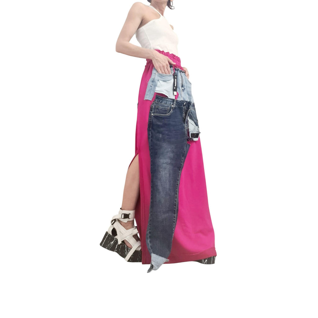 Long Cotton Skirt Switcher Set, Fuchsia Pink Handmade Outfit with Denim Elements, Asymmetrical Long Skirt Long Sleeve Top, Avant-Garde Set