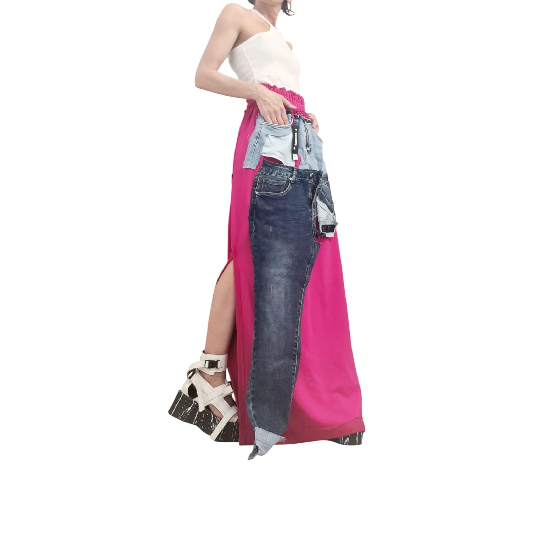 Long Cotton Skirt Switcher Set, Fuchsia Pink Handmade Outfit with Denim Elements, Asymmetrical Long Skirt Long Sleeve Top, Avant-Garde Set