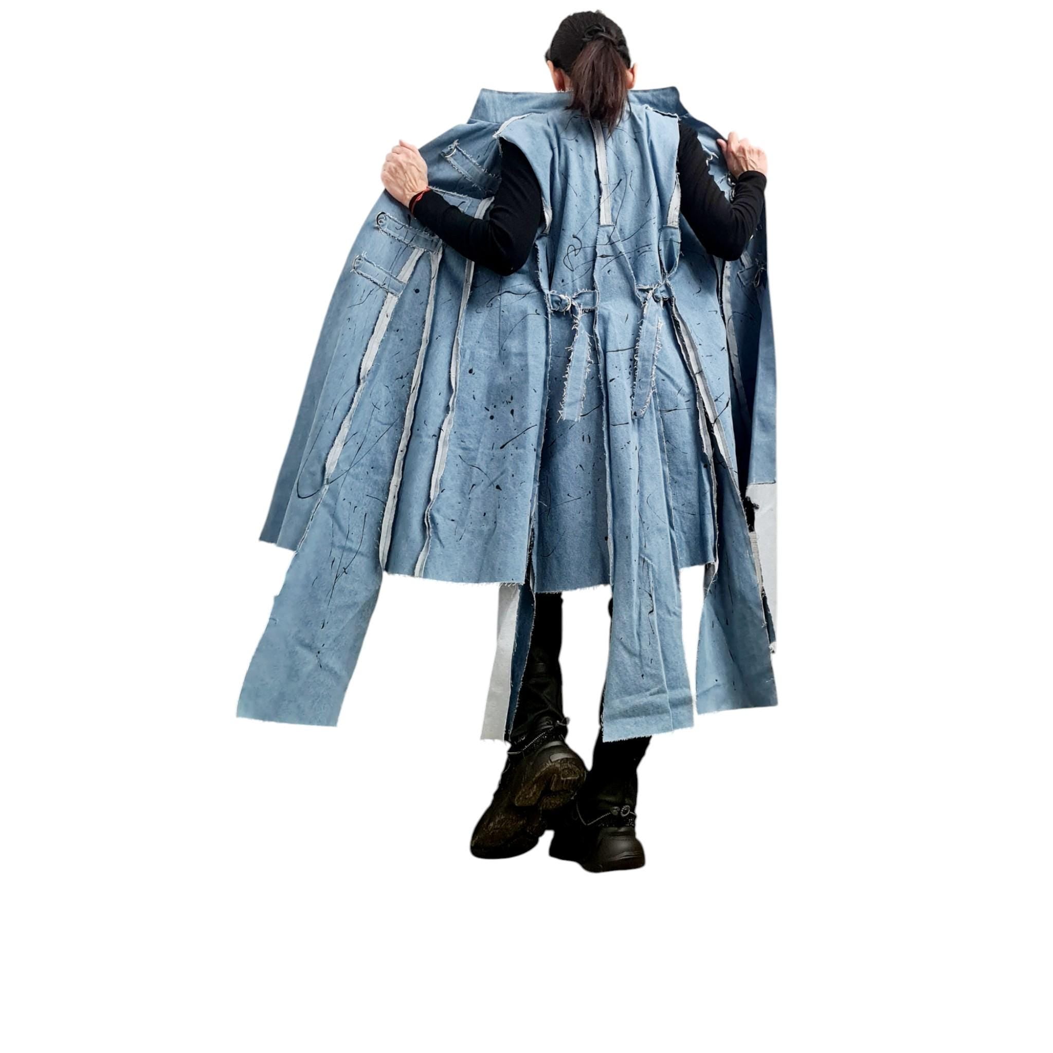 Avant Garde Denim Vest, Asymmetric Hand Painted Long Vest, Layered Deconstructed Jean Vest, Unique Artistic Streetwear