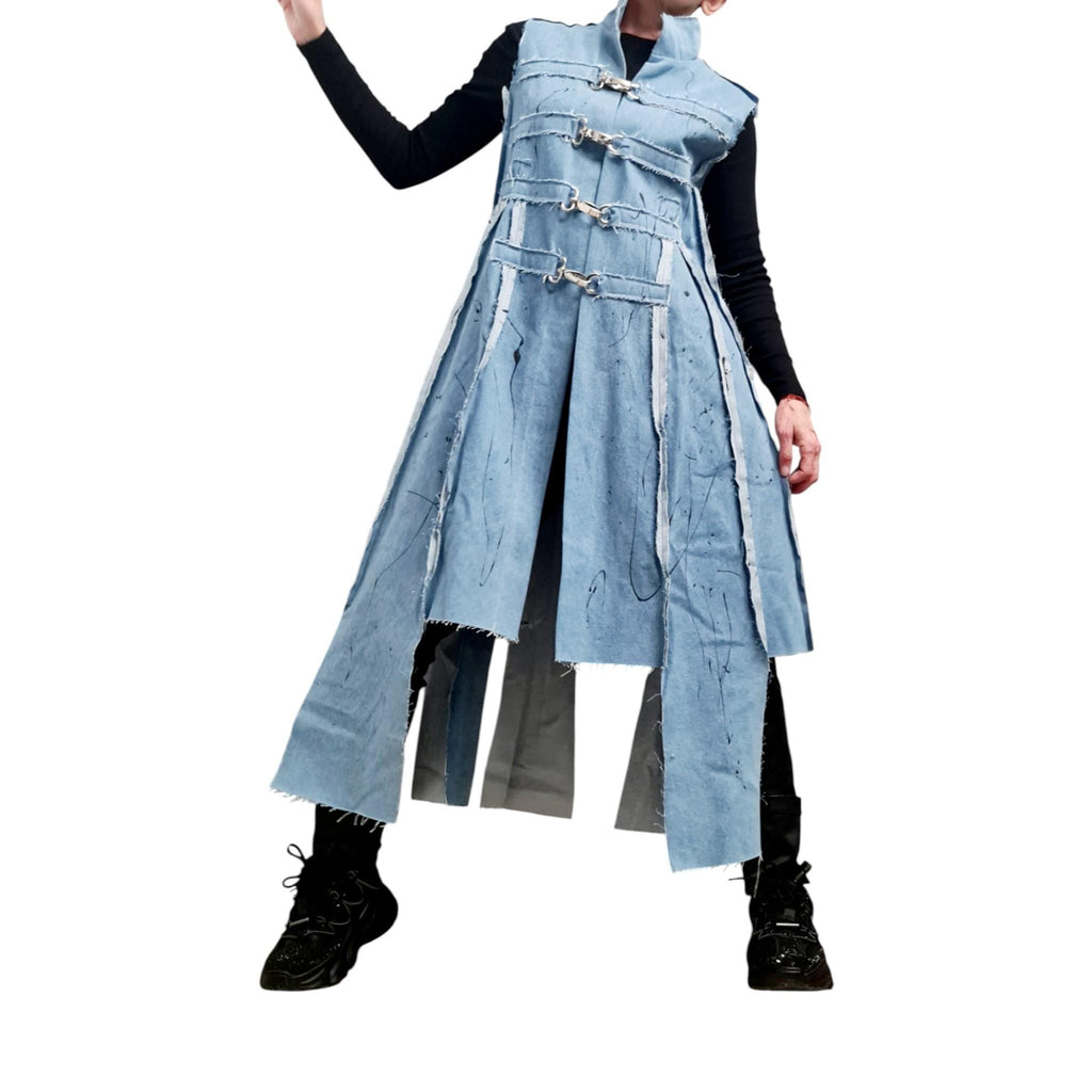 Light Blue Denim Long Vest, Artistic Painted Sleeveless Coat, Avant Garde Women’s Clothing, Asymmetric Denim Jacket Vest Extravagant Vest