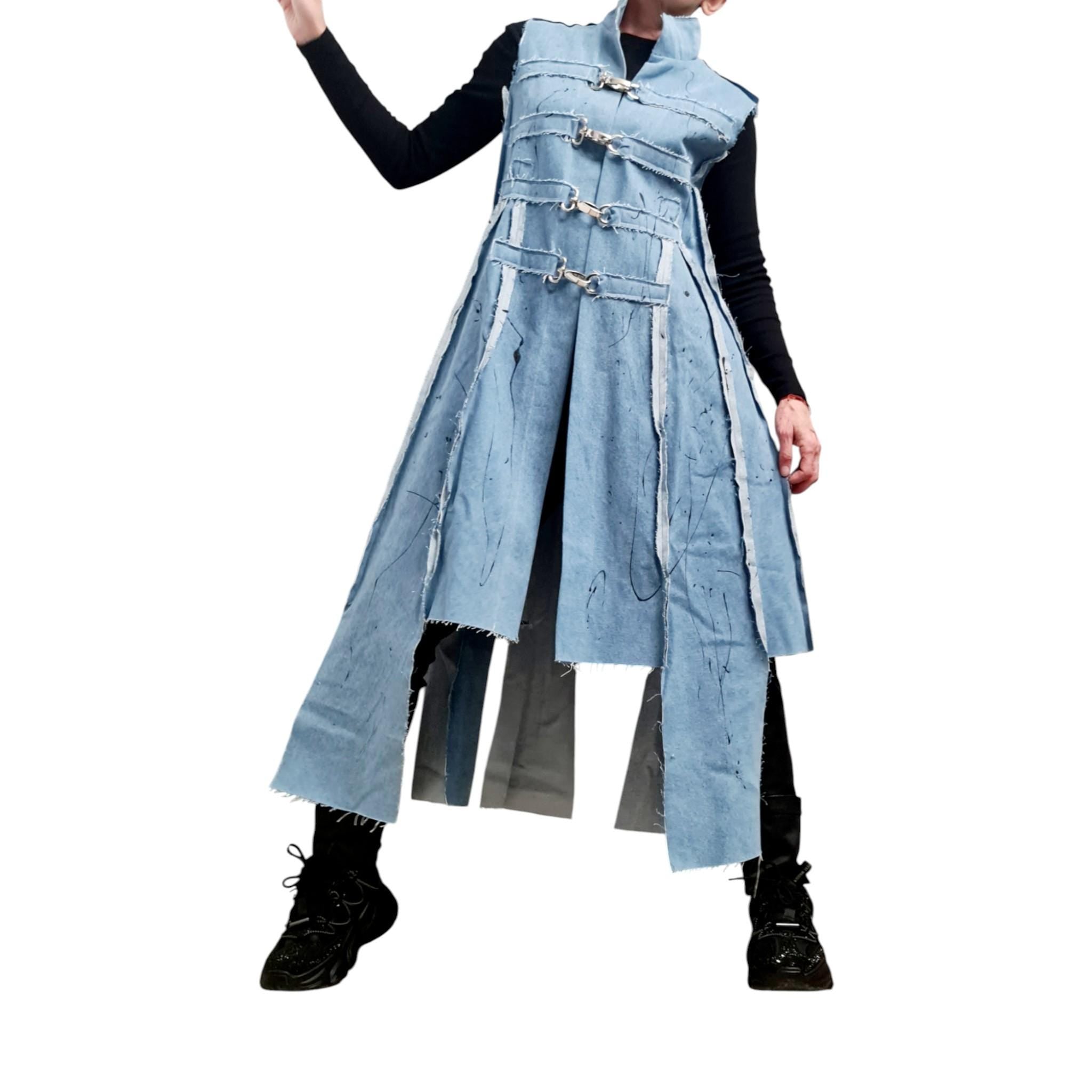 Light Blue Denim Long Vest, Artistic Painted Sleeveless Coat, Avant Garde Women’s Clothing, Asymmetric Denim Jacket Vest Extravagant Vest