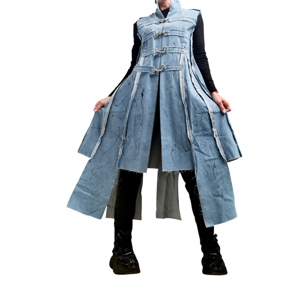 Light Blue Denim Long Vest, Artistic Painted Sleeveless Coat, Avant Garde Women’s Clothing, Asymmetric Denim Jacket Vest Extravagant Vest