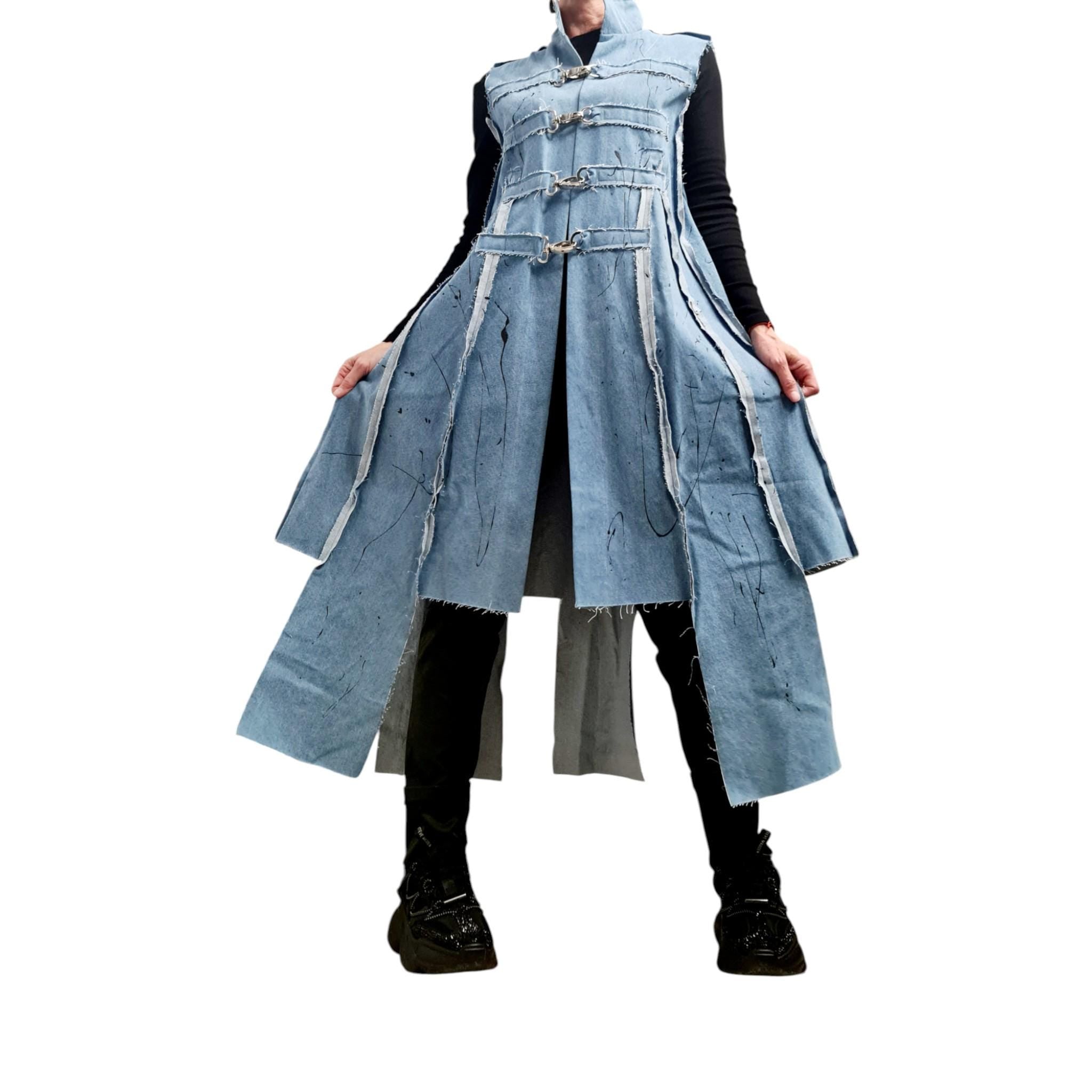 Light Blue Denim Long Vest, Artistic Painted Sleeveless Coat, Avant Garde Women’s Clothing, Asymmetric Denim Jacket Vest Extravagant Vest