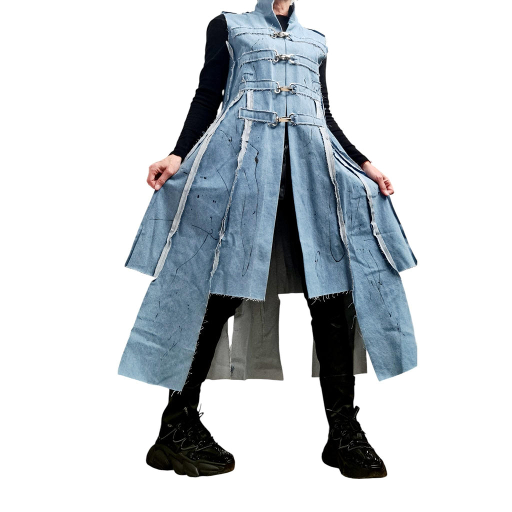Light Blue Denim Long Vest, Artistic Painted Sleeveless Coat, Avant Garde Women’s Clothing, Asymmetric Denim Jacket Vest Extravagant Vest