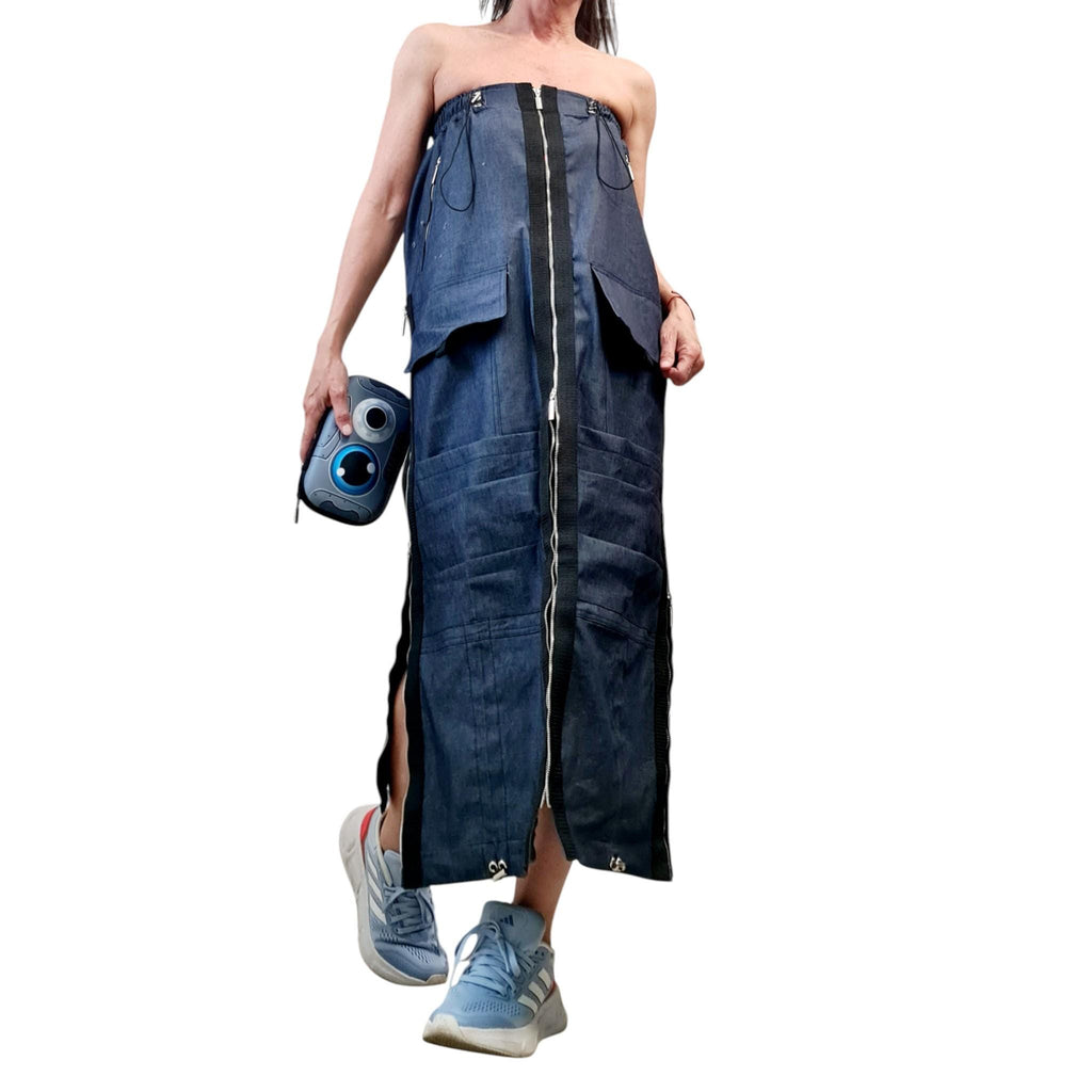 Extravagant Denim Maxi Skirt with Zippers, Cargo Pockets, Convertible Tube Dress, Avant Garde Festival Streetwear, Custom Made