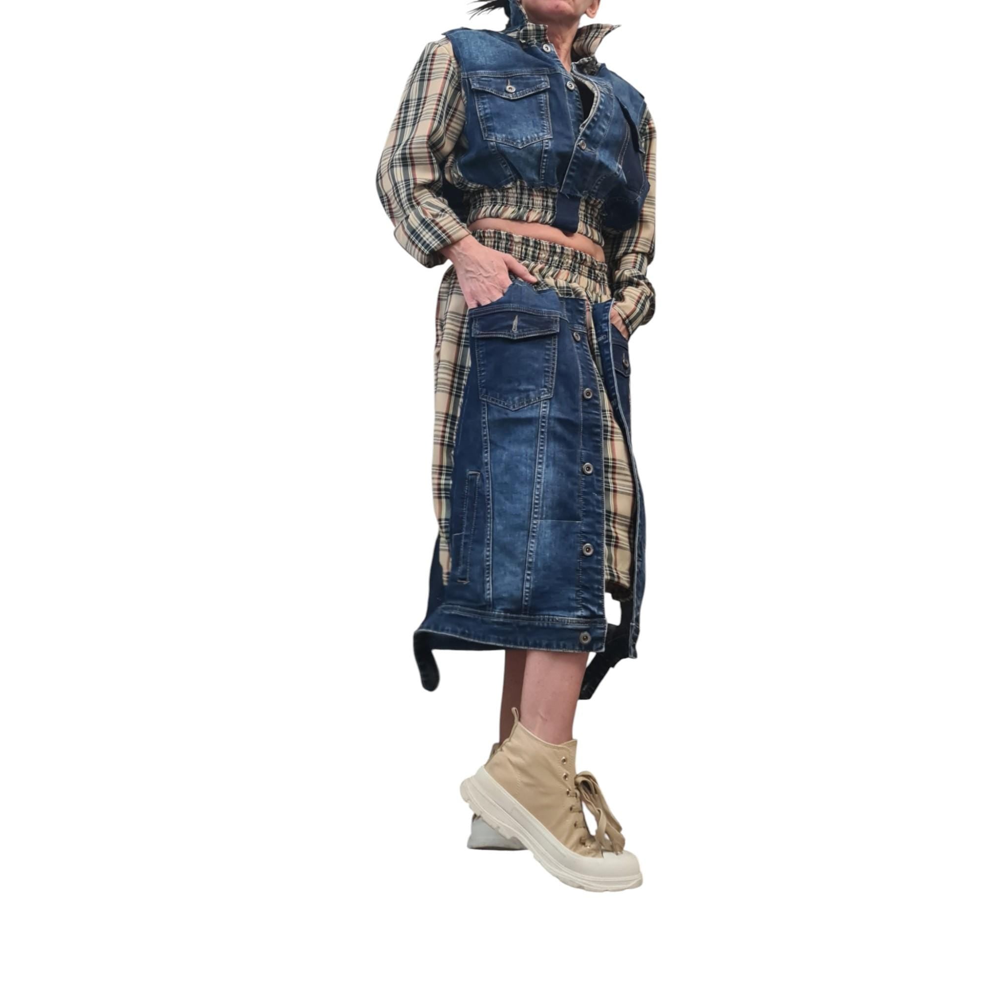 Avant Garde Denim and Plaid Skirt and Jacket Set with Cargo Style Pockets, Artistic Designer Streetwear, Handmade Custom Statement Outfit