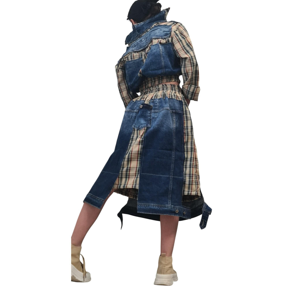 Avant Garde Denim and Plaid Skirt and Jacket Set with Cargo Style Pockets, Artistic Designer Streetwear, Handmade Custom Statement Outfit
