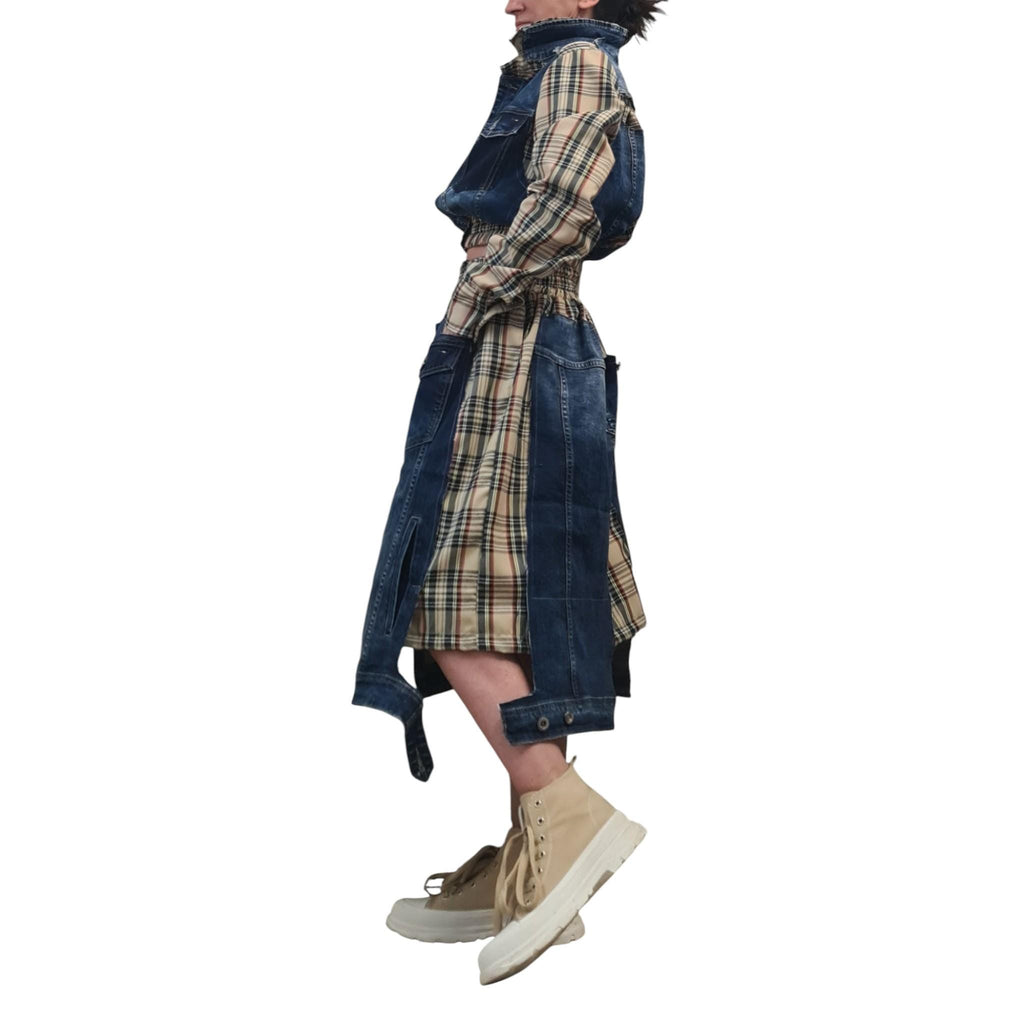 Avant Garde Denim and Plaid Skirt and Jacket Set with Cargo Style Pockets, Artistic Designer Streetwear, Handmade Custom Statement Outfit