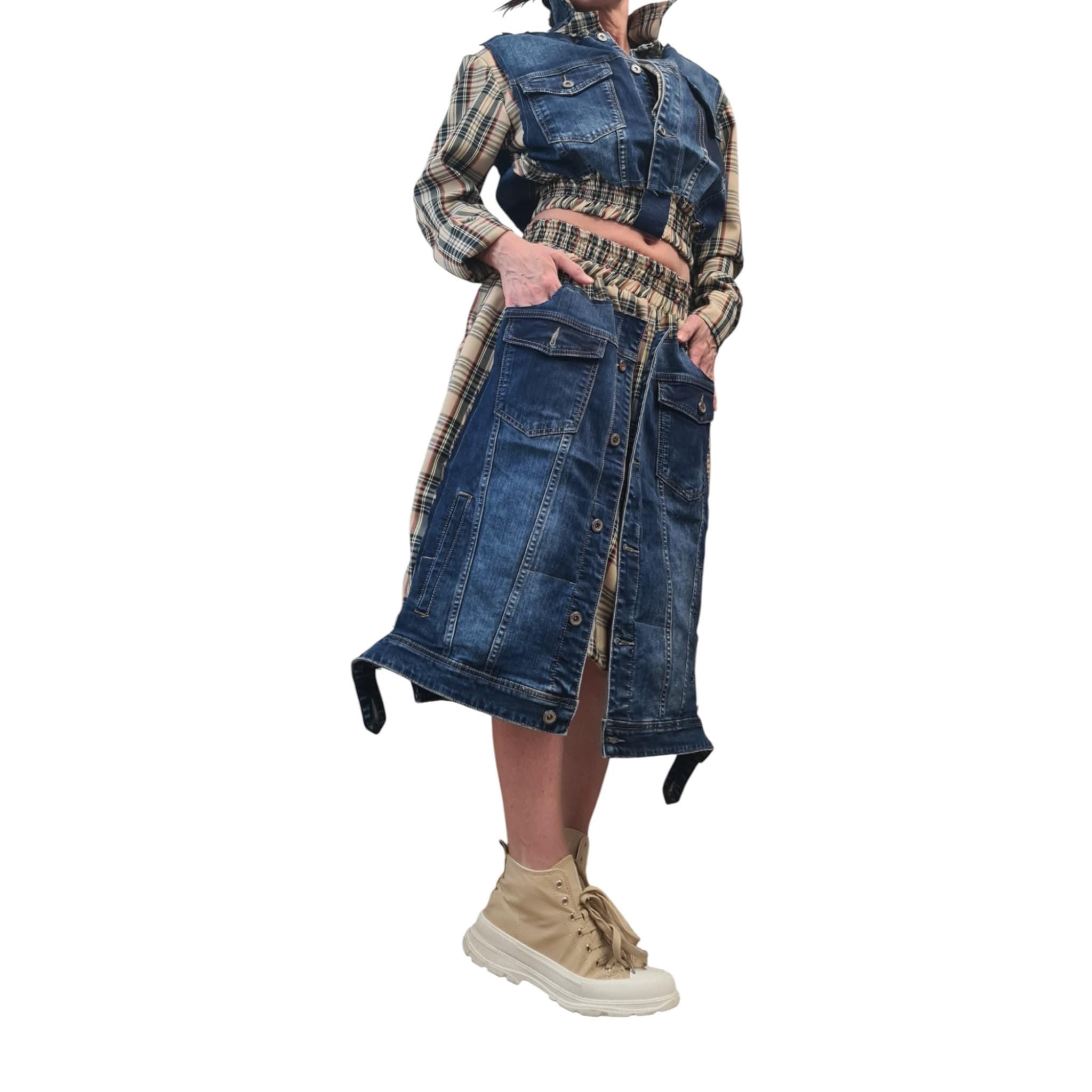Avant Garde Denim and Plaid Skirt and Jacket Set with Cargo Style Pockets, Artistic Designer Streetwear, Handmade Custom Statement Outfit
