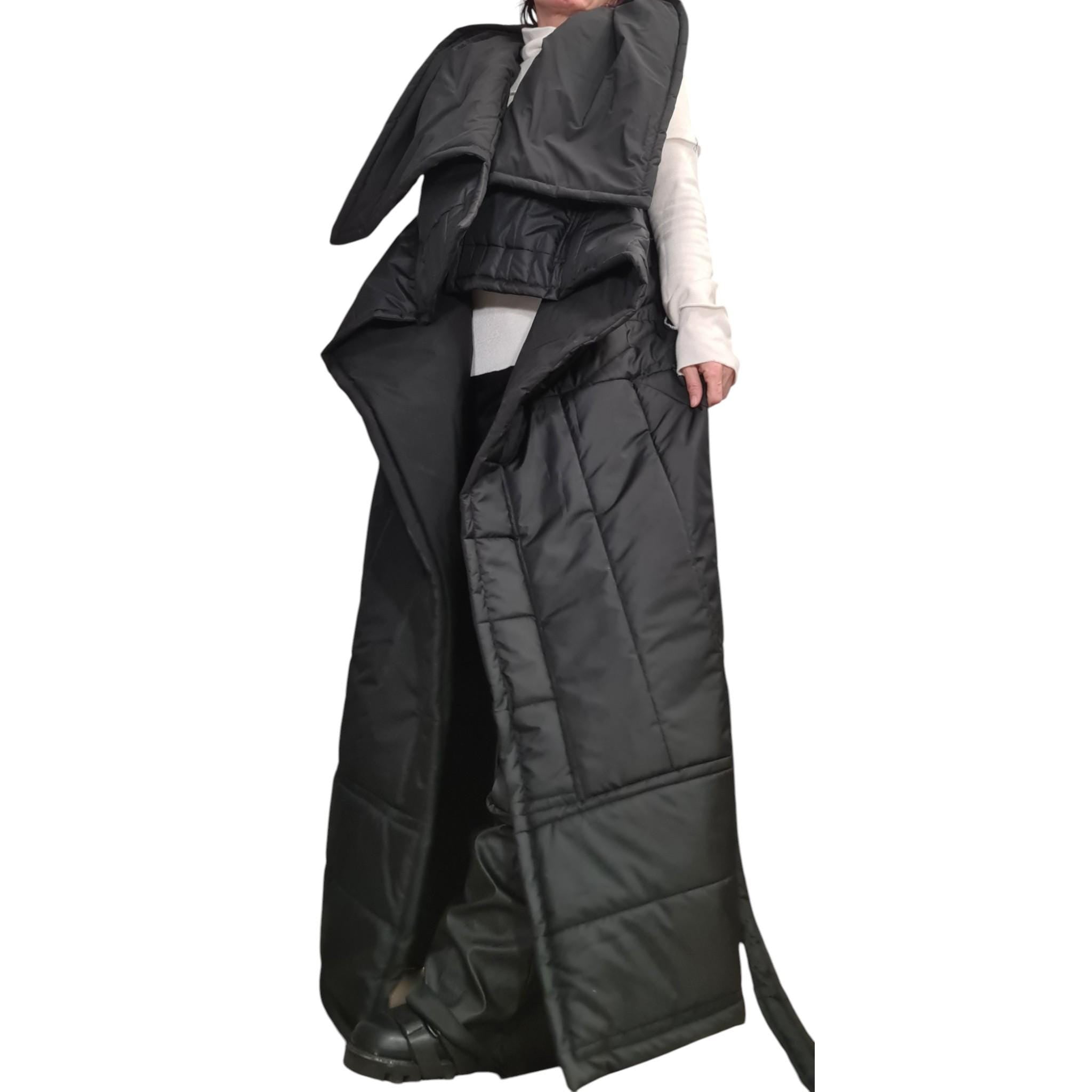 Extravagant Long Quilted Vest with Oversized Hood, Avant Garde Black Winter Gilet, Warm Layered Outerwear, Designer Statement Piece