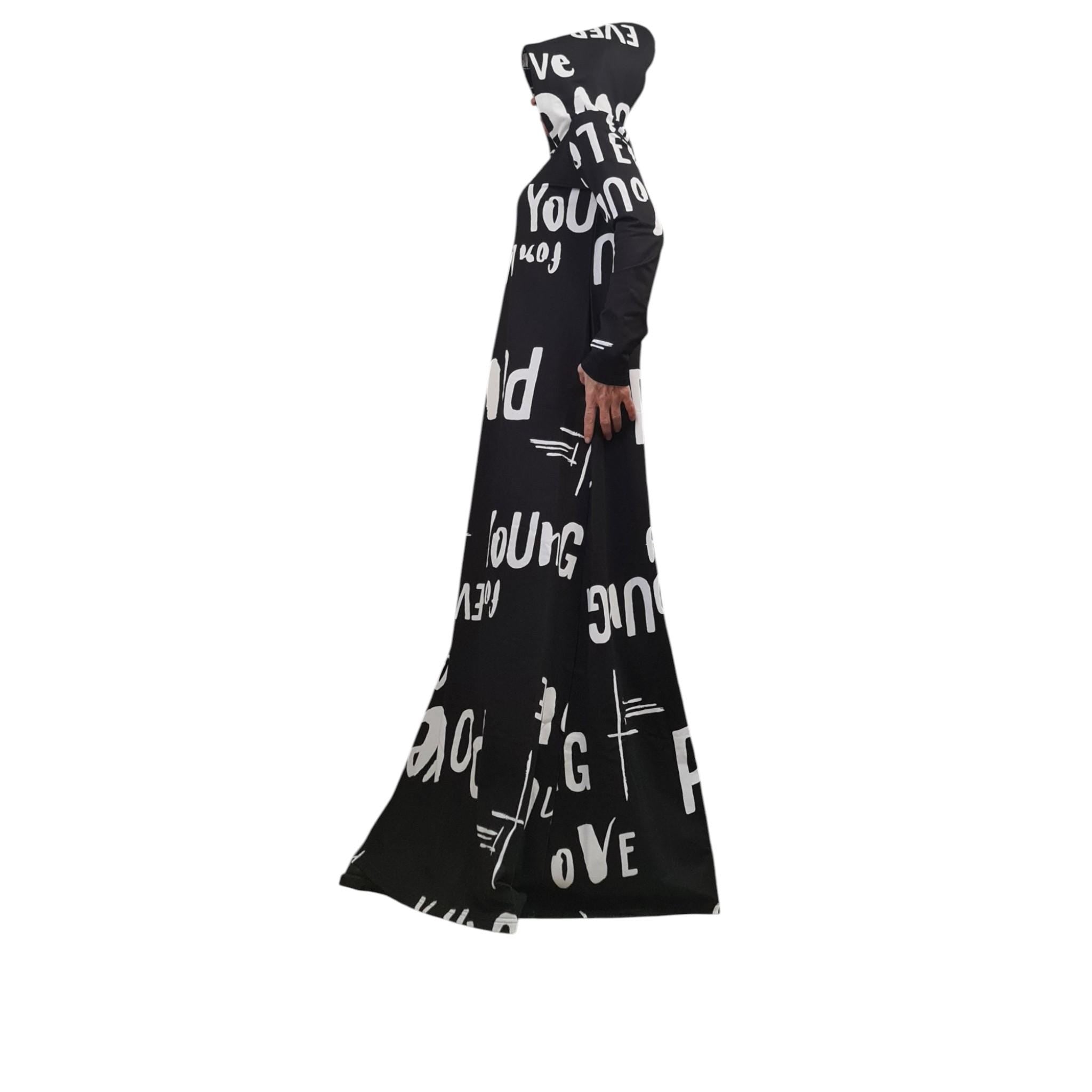 Long Black Hoodie Dress Graffiti Print, Avant Garde Cotton Maxi Dress with Pockets, Extravagant Streetwear Outfit