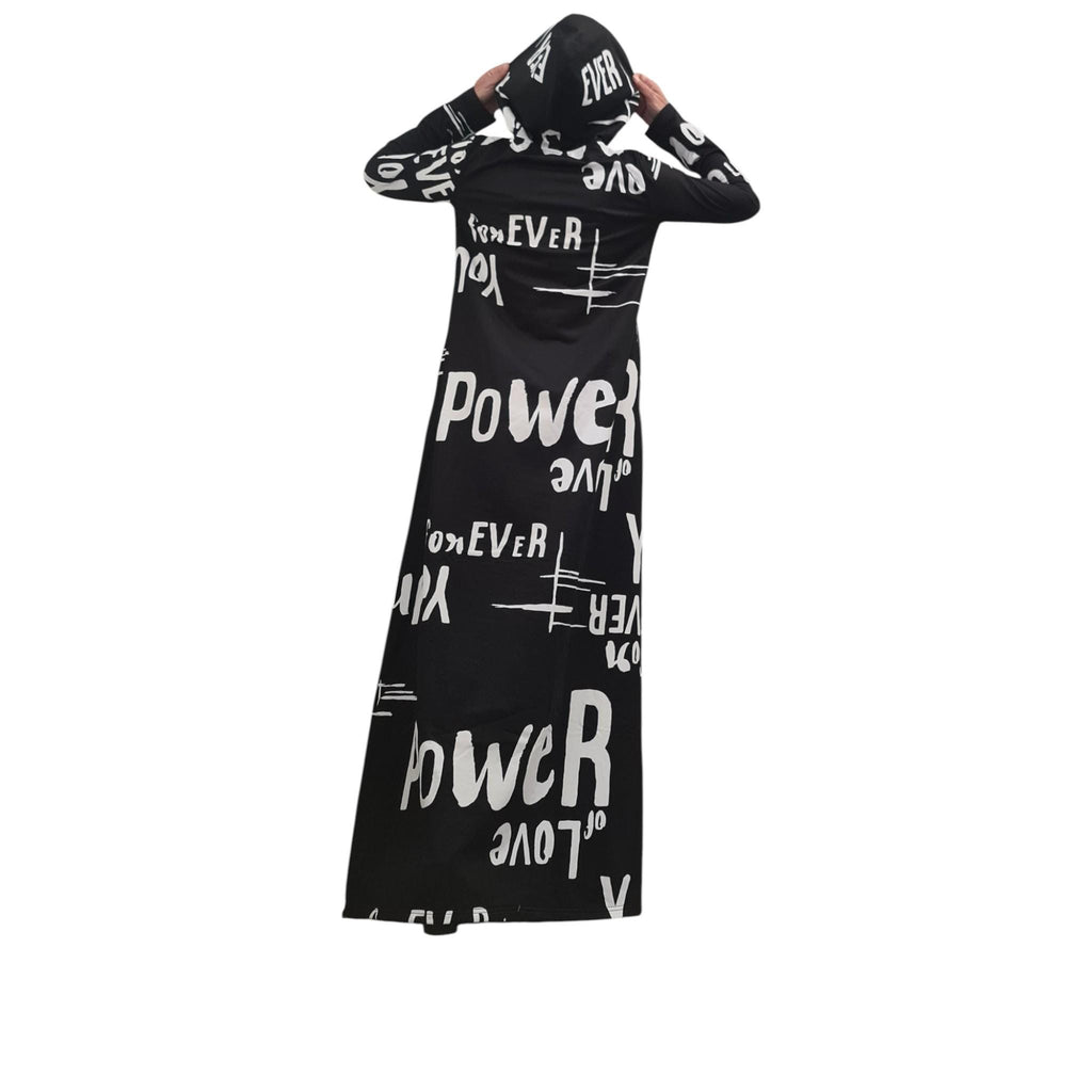 Long Black Hoodie Dress Graffiti Print, Avant Garde Cotton Maxi Dress with Pockets, Extravagant Streetwear Outfit