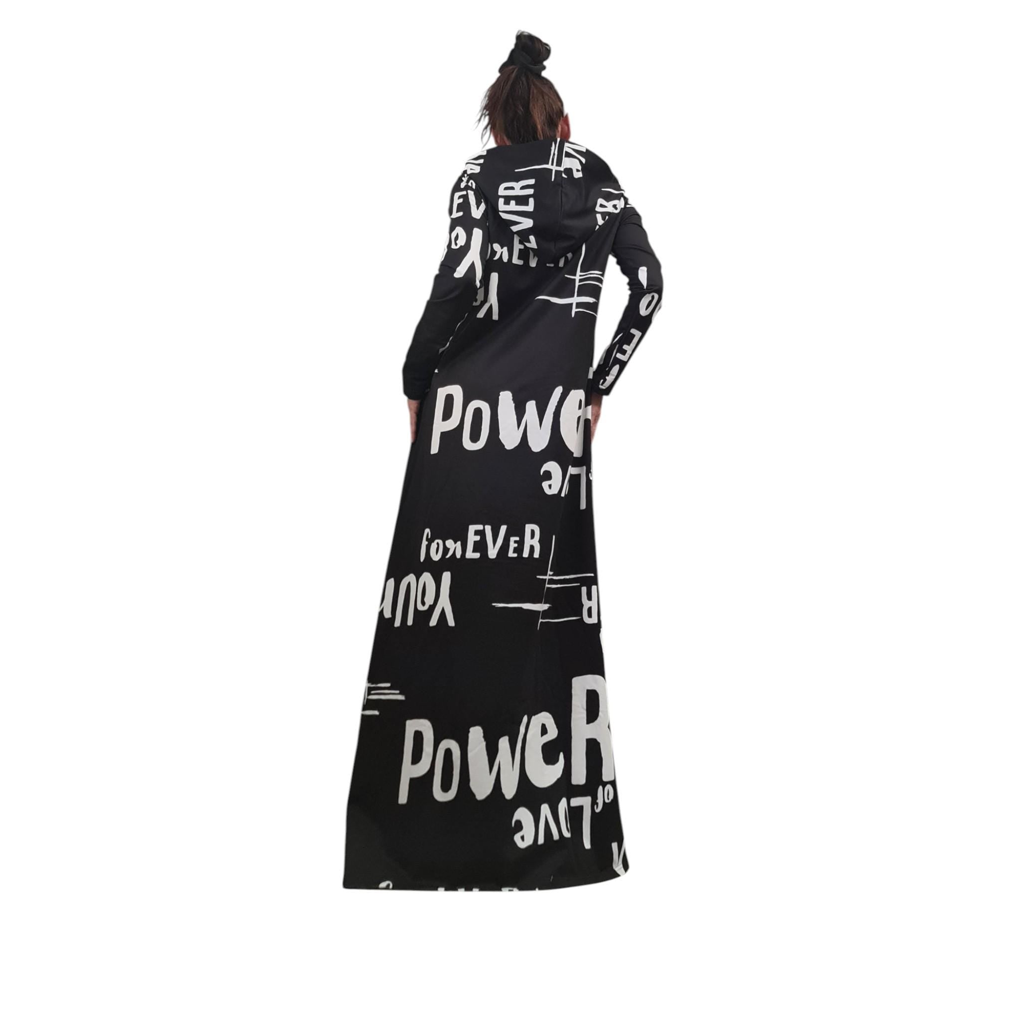 Long Black Hoodie Dress Graffiti Print, Avant Garde Cotton Maxi Dress with Pockets, Extravagant Streetwear Outfit