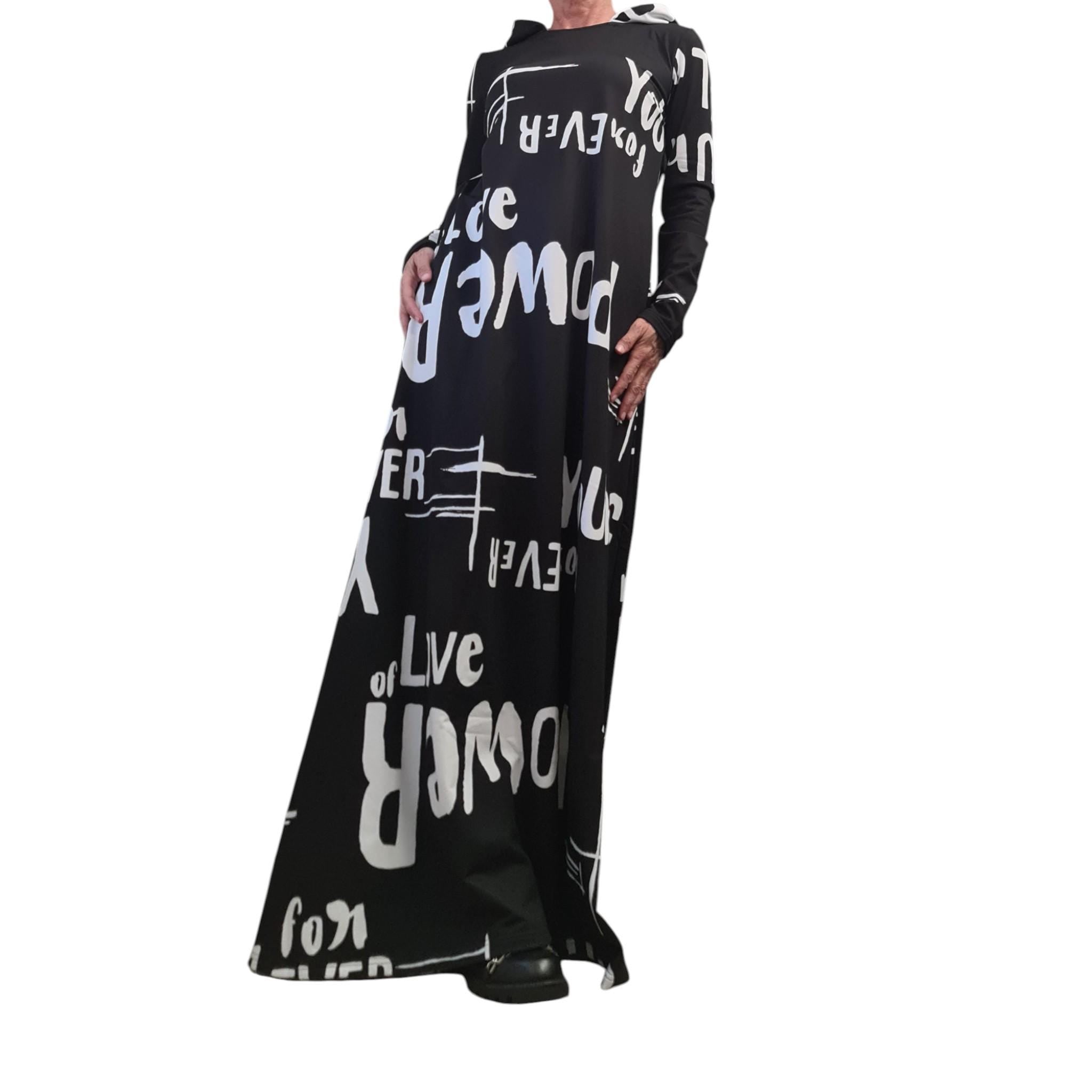 Long Black Hoodie Dress Graffiti Print, Avant Garde Cotton Maxi Dress with Pockets, Extravagant Streetwear Outfit