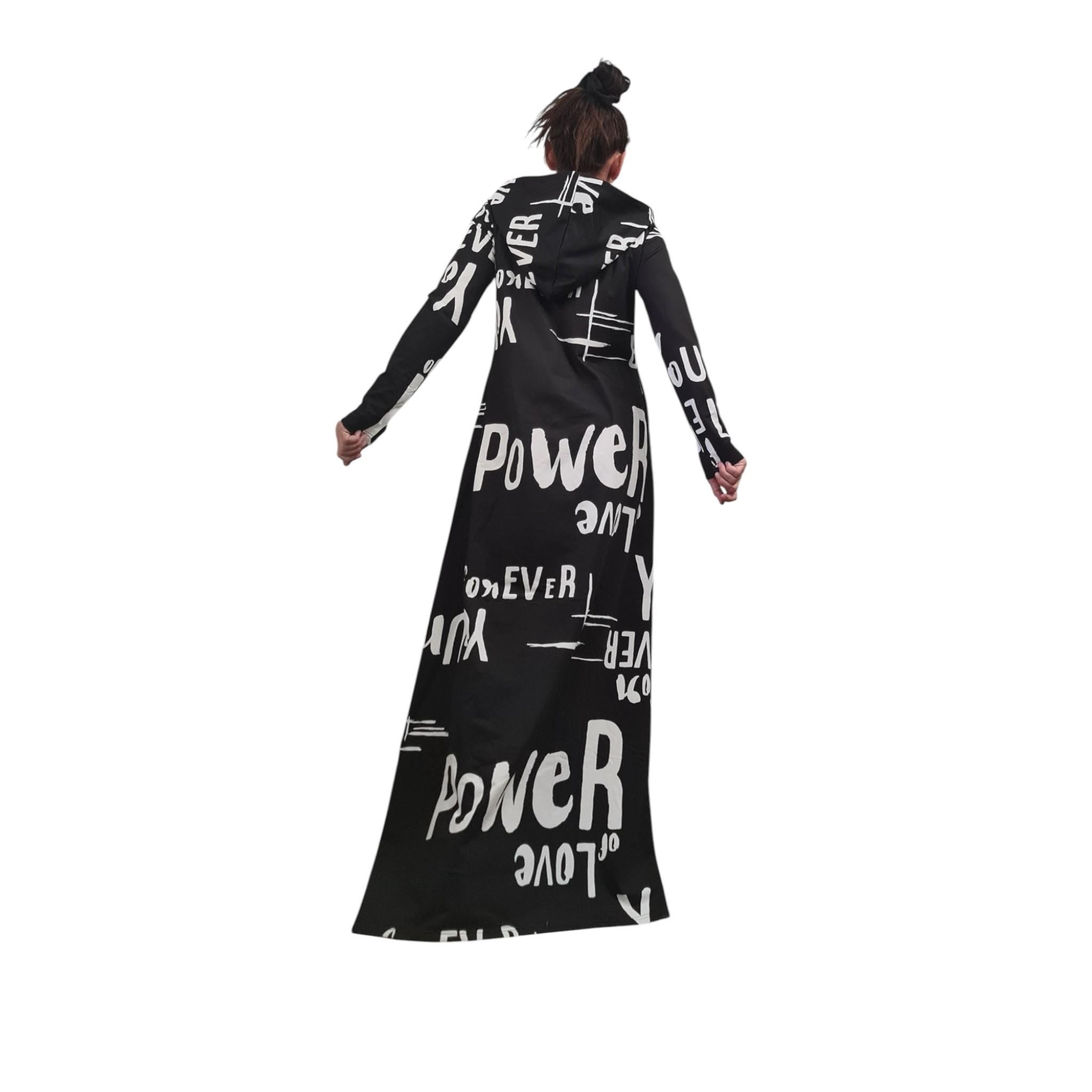 Long Black Hoodie Dress Graffiti Print, Avant Garde Cotton Maxi Dress with Pockets, Extravagant Streetwear Outfit