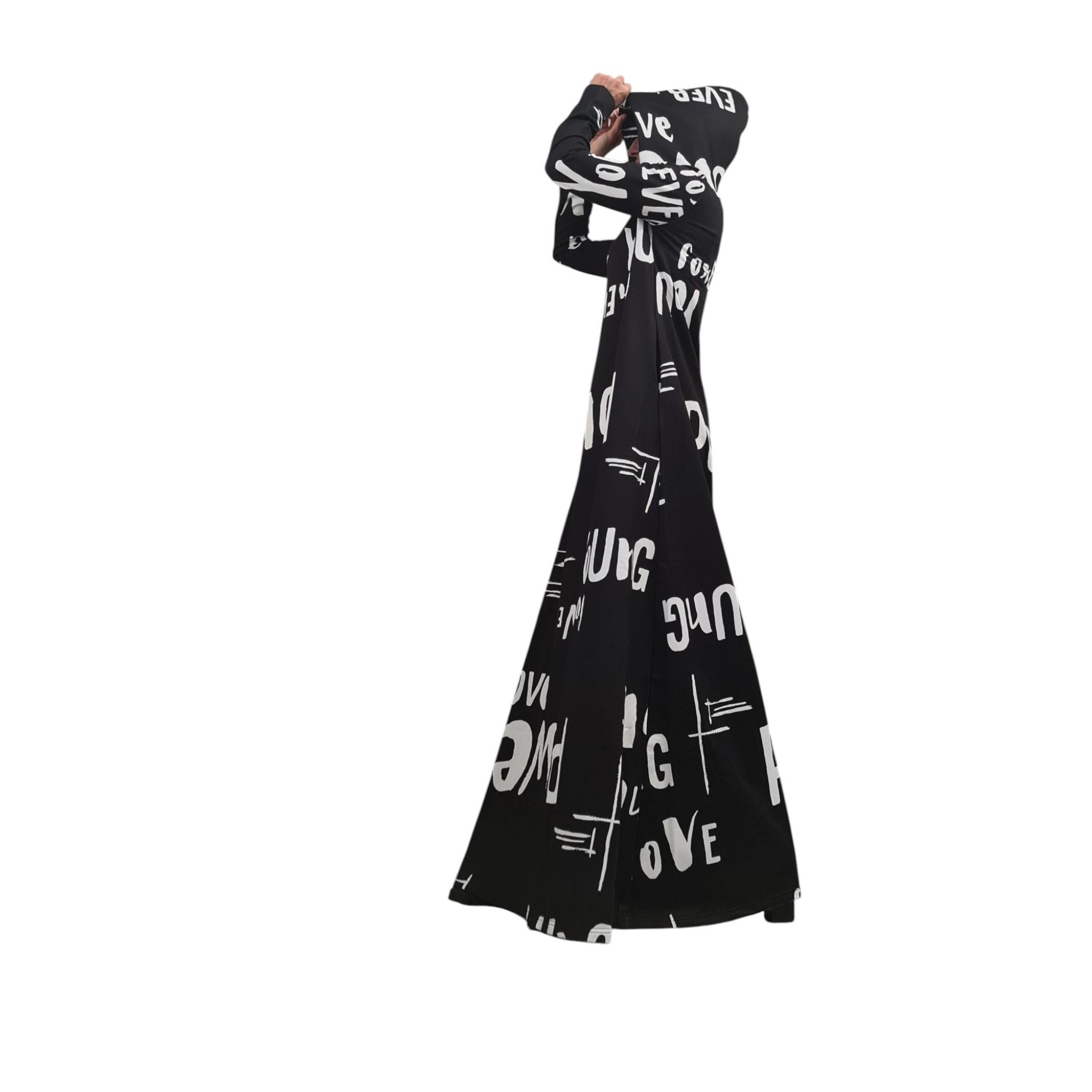 Long Black Hoodie Dress Graffiti Print, Avant Garde Cotton Maxi Dress with Pockets, Extravagant Streetwear Outfit