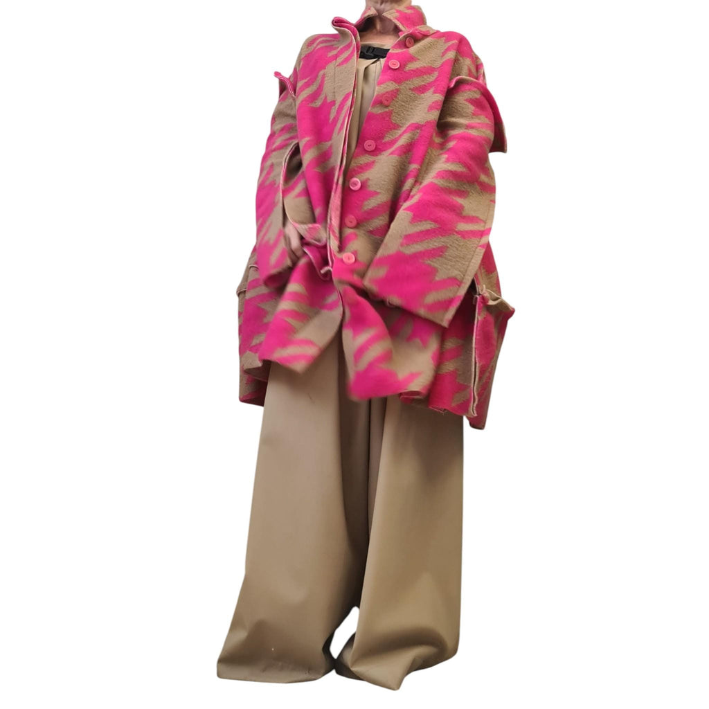 Oversized Wool Coat Pink Beige, Avant Garde Jacket with Bold Print, Extravagant Women’s Outerwear, Artistic Handmade Coat