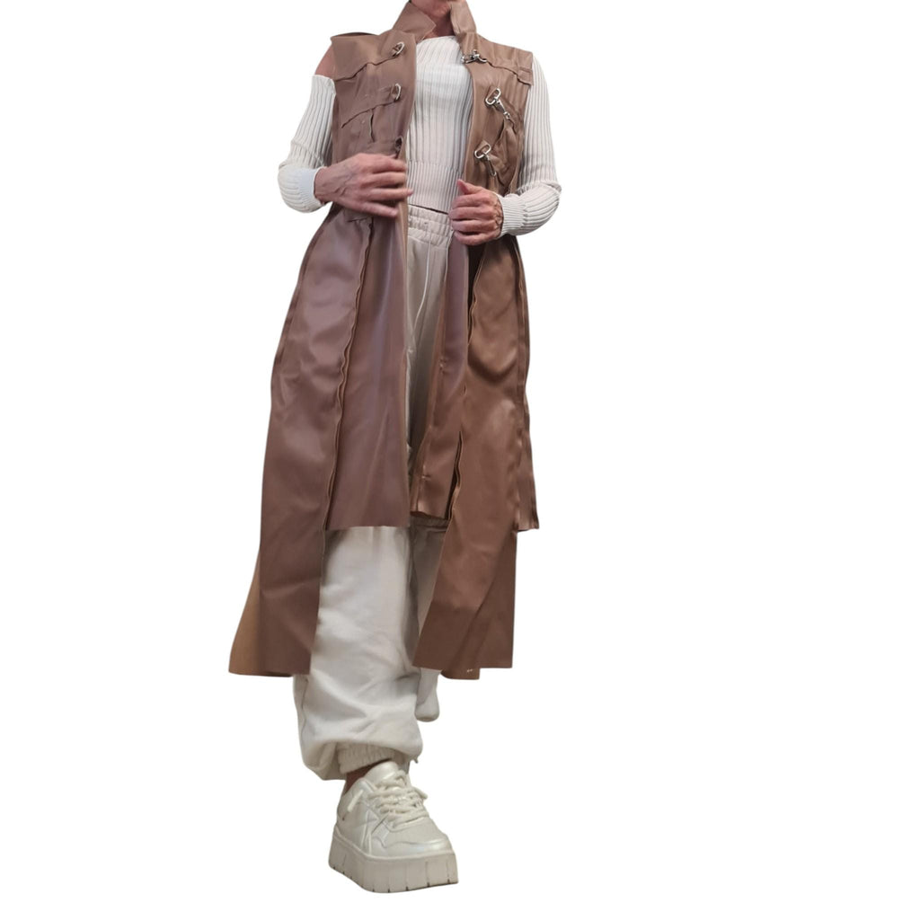 Avant Garde Faux Leather Vest, Long Fitted Sleeveless Coat, Statement Brown Vest with Buckles, Handmade Women’s Fashion
