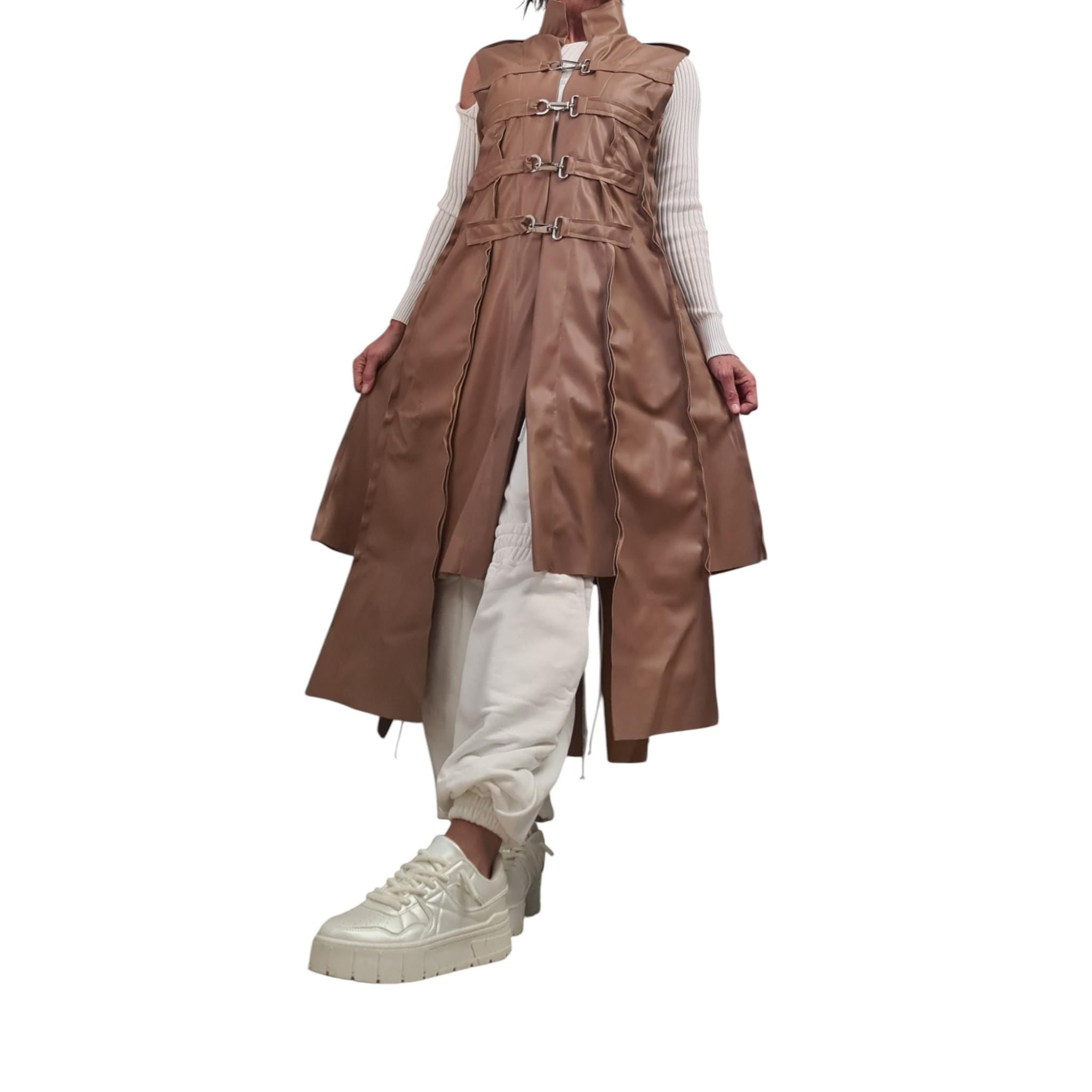 Avant Garde Faux Leather Vest, Long Fitted Sleeveless Coat, Statement Brown Vest with Buckles, Handmade Women’s Fashion