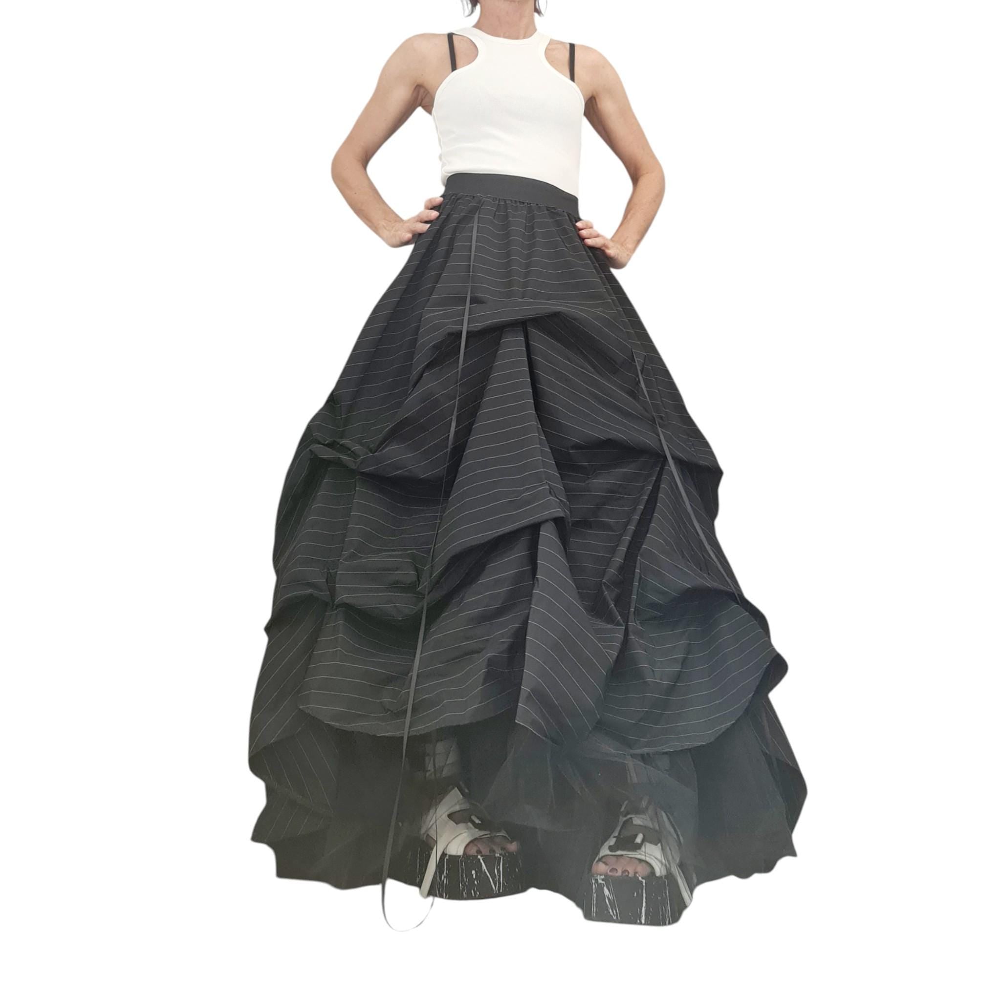 Extravagant Black Pinstripe Skirt Dress, Avant Garde Cotton Satin Tulle Maxi, Transformable Gown with Adjustable Drawstrings