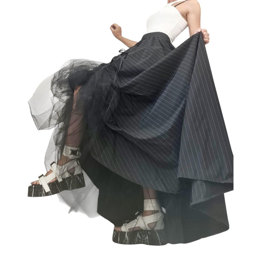 Extravagant Black Pinstripe Skirt Dress, Avant Garde Cotton Satin Tulle Maxi, Transformable Gown with Adjustable Drawstrings