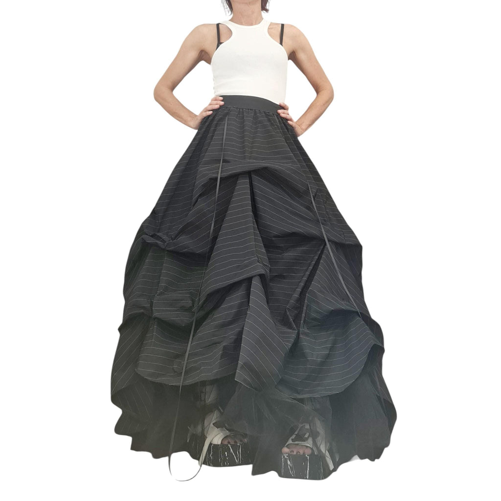 Extravagant Black Pinstripe Skirt Dress, Avant Garde Cotton Satin Tulle Maxi, Transformable Gown with Adjustable Drawstrings