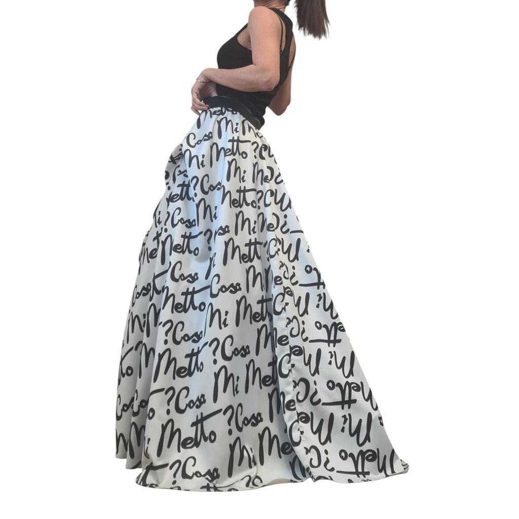 Extravagant Script Print Skirt Dress, Avant Garde Cotton Satin Tulle Maxi, Black White Transformable Gown with Drawstrings