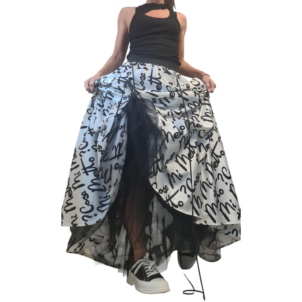 Extravagant Script Print Skirt Dress, Avant Garde Cotton Satin Tulle Maxi, Black White Transformable Gown with Drawstrings