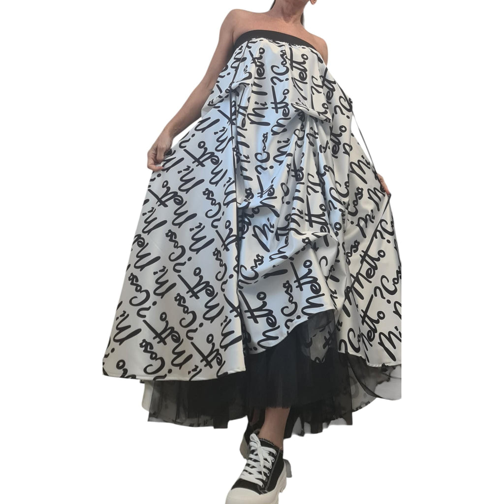 Extravagant Script Print Skirt Dress, Avant Garde Cotton Satin Tulle Maxi, Black White Transformable Gown with Drawstrings