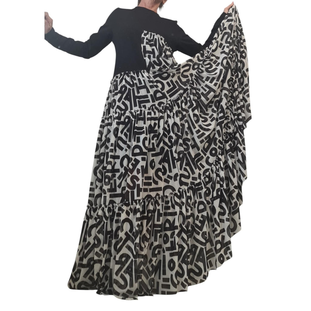 Avant Garde Black Maxi Dress, Artistic Cotton Tulle Letters Print Gown, Long Statement Dress, Unique Asymmetrical Fashion Outfit