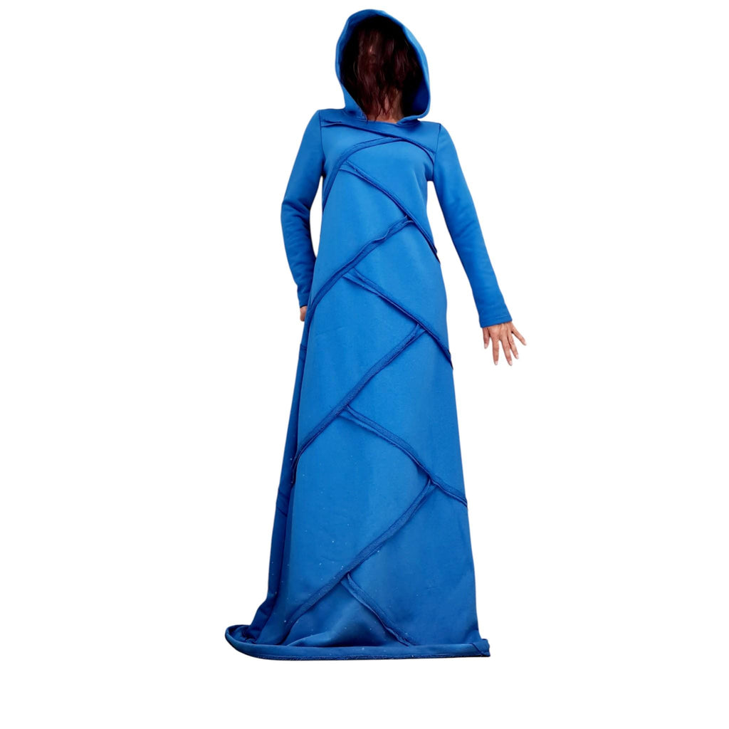 Black Avant Garde Maxi Dress with Hood, Long Cotton Statement Dress, Minimalist Gothic Gown, Asymmetrical Edge Fashion