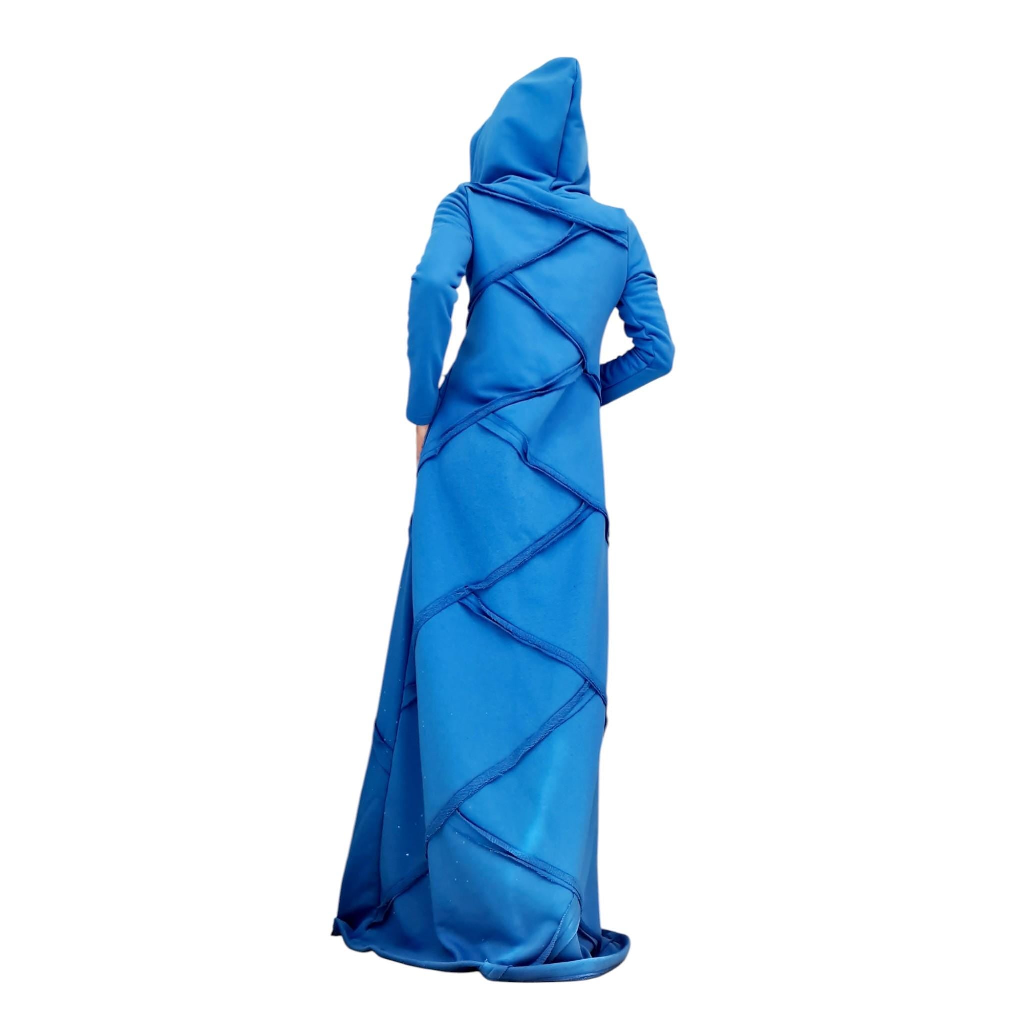 Blue Avant Garde Maxi Dress with Hood, Long Cotton Statement Dress, Artistic Minimalist Gown, Asymmetrical Edge Fashion