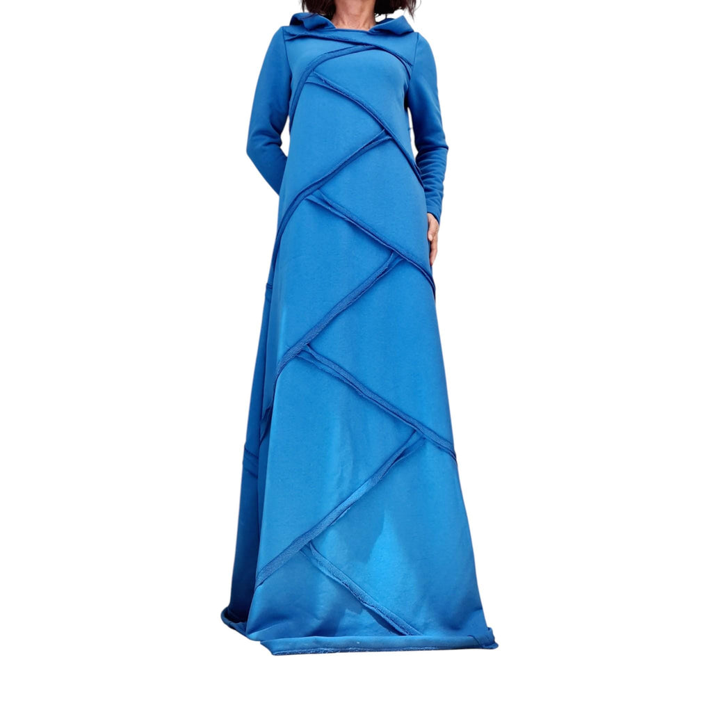 Blue Avant Garde Maxi Dress with Hood, Long Cotton Statement Dress, Artistic Minimalist Gown, Asymmetrical Edge Fashion