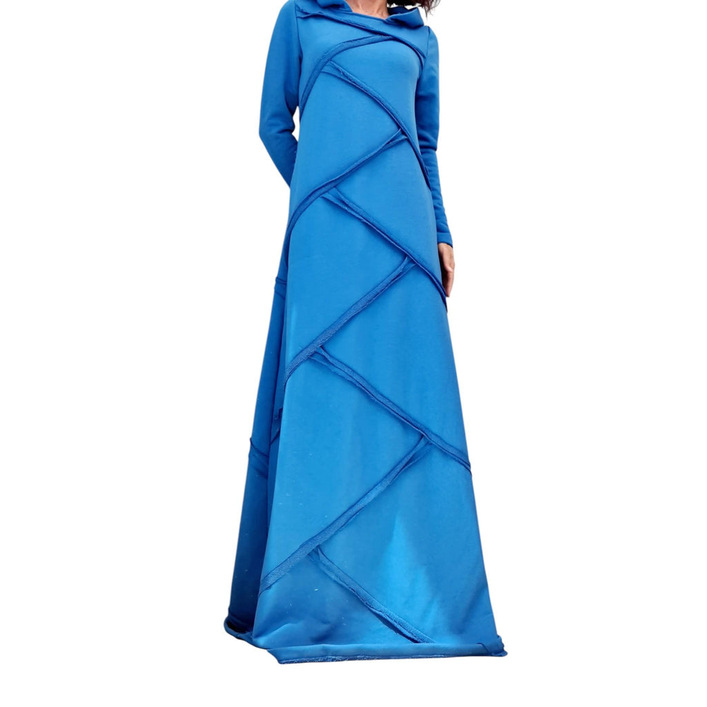 Blue Avant Garde Maxi Dress with Hood, Long Cotton Statement Dress, Artistic Minimalist Gown, Asymmetrical Edge Fashion