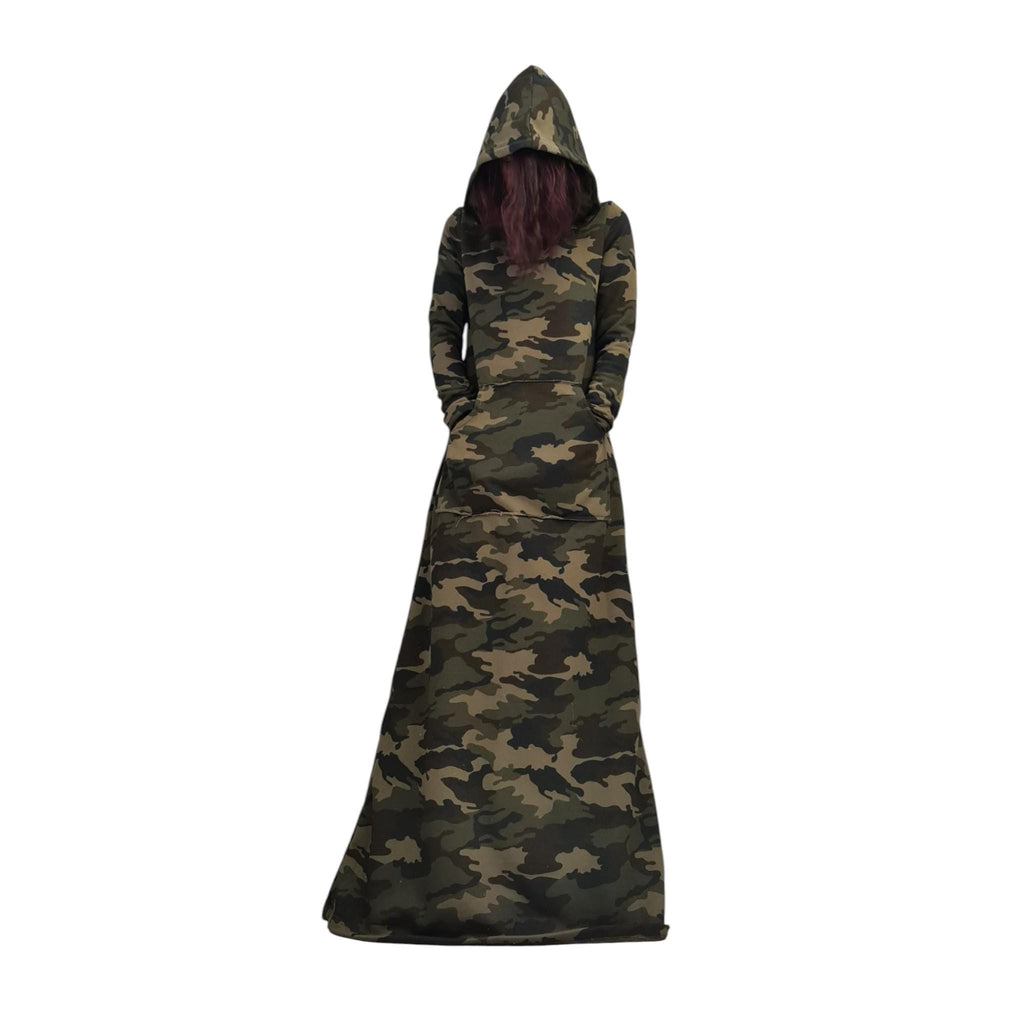 Camouflage Maxi Hoodie Dress, Long Cotton Military Style Gown, Avant Garde Camo Outfit, Oversized Statement Dress with Hood