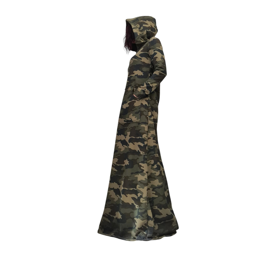 Camouflage Maxi Hoodie Dress, Long Cotton Military Style Gown, Avant Garde Camo Outfit, Oversized Statement Dress with Hood