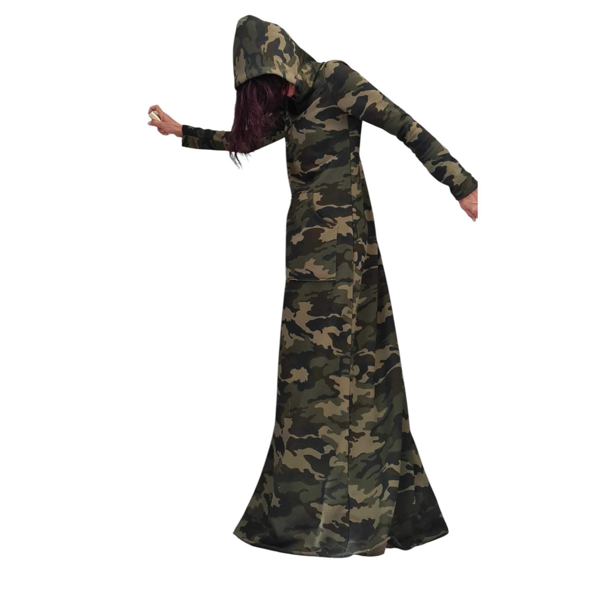 Camouflage Maxi Hoodie Dress, Long Cotton Military Style Gown, Avant Garde Camo Outfit, Oversized Statement Dress with Hood