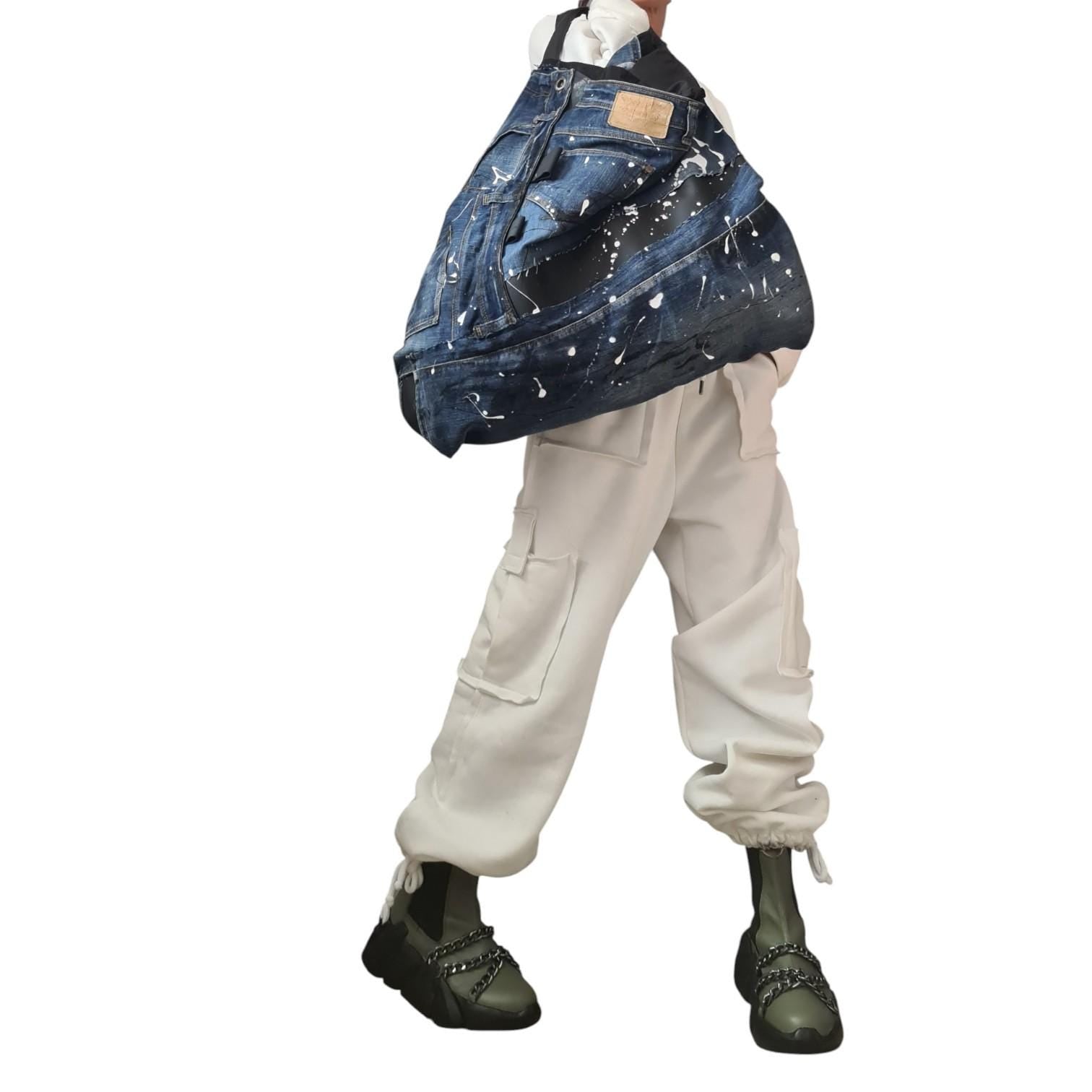 Handmade Denim Tote Bag, Oversized Shoulder Bag, Artistic Hand Painted Jeans Bag, Large Slouchy Hobo Bag, Unique Women’s Purse