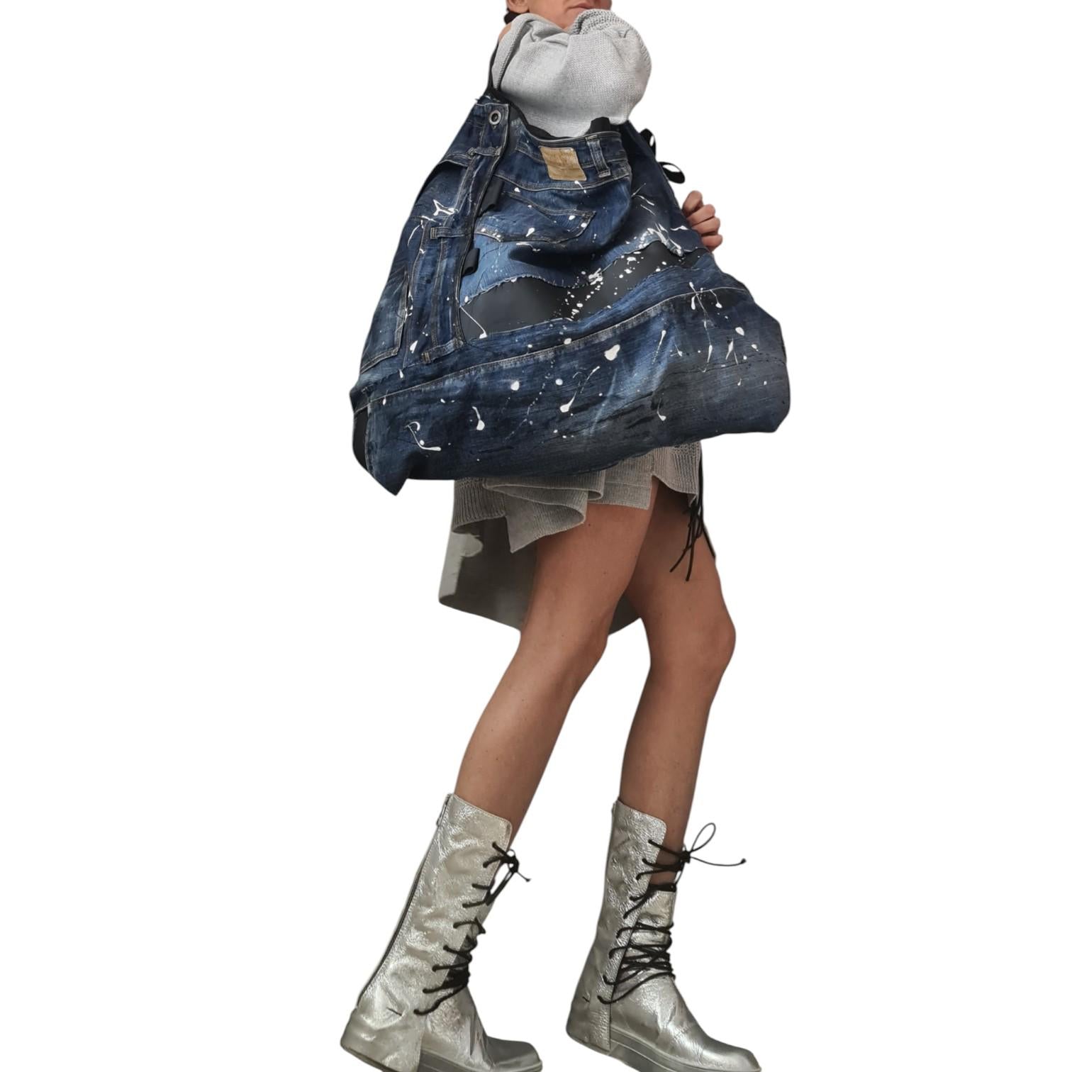 Handmade Denim Tote Bag, Oversized Shoulder Bag, Artistic Hand Painted Jeans Bag, Large Slouchy Hobo Bag, Unique Women’s Purse