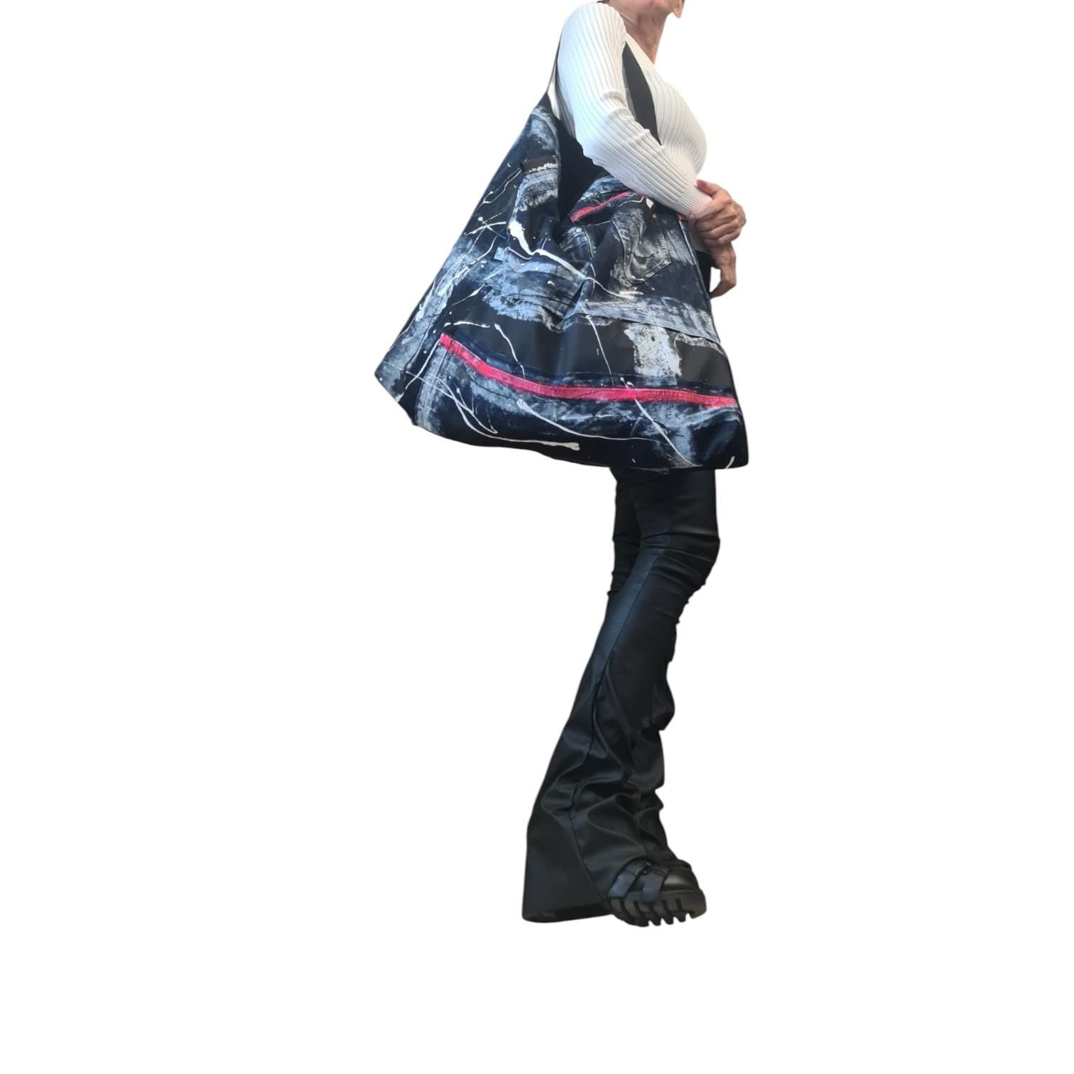 Oversized Denim Tote Bag, Handmade Artistic Shoulder Bag, Large Hand Painted Jeans Bag, Unique Avant Garde Slouchy Purse