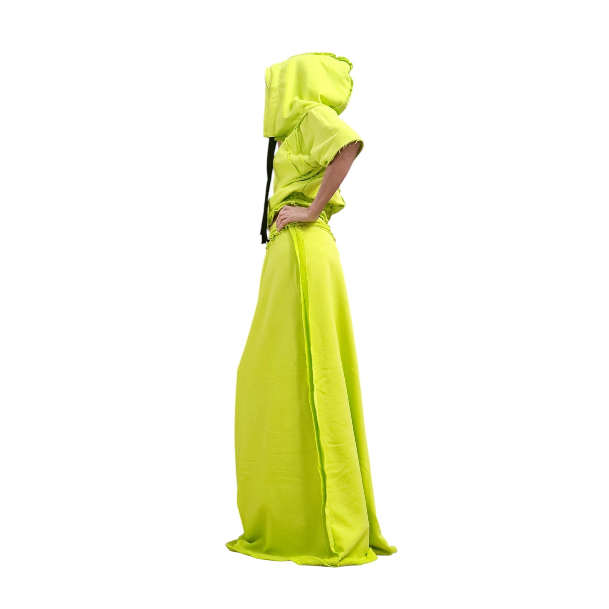 Lime Green Skirt and Top Set, Avant Garde Two Piece Outfit with Exposed Seams, Sport Cotton Maxi Skirt and Hoodie Crop Top