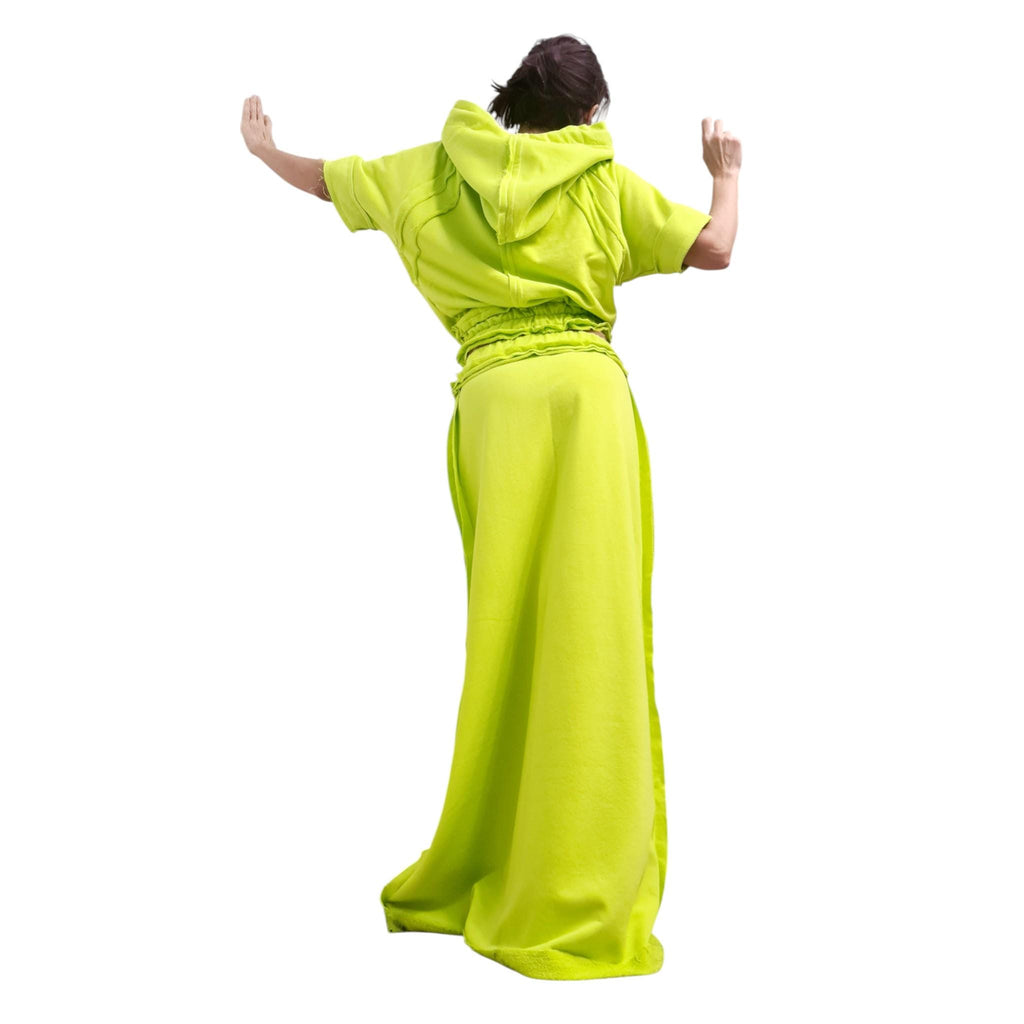Lime Green Skirt and Top Set, Avant Garde Two Piece Outfit with Exposed Seams, Sport Cotton Maxi Skirt and Hoodie Crop Top