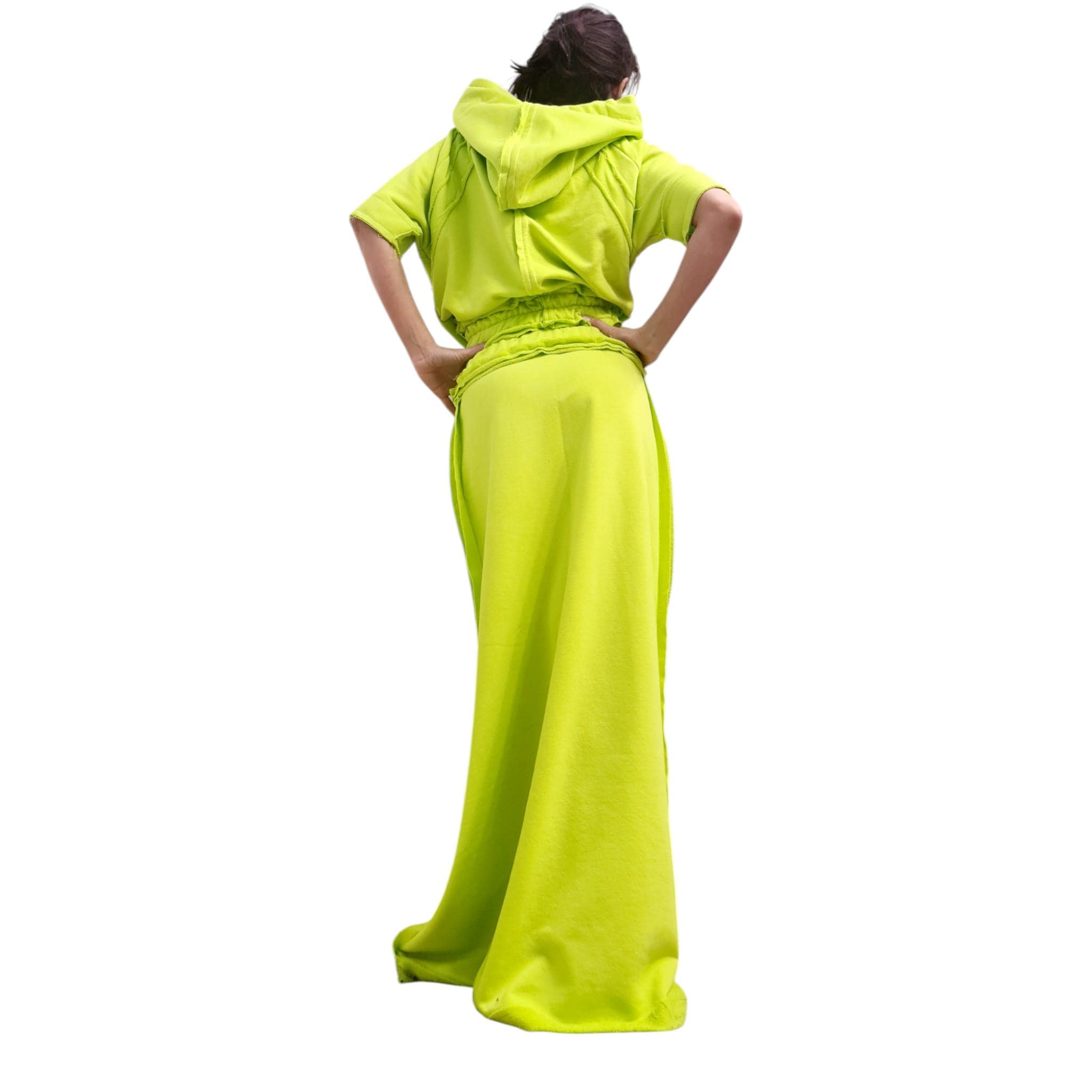 Lime Green Skirt and Top Set, Avant Garde Two Piece Outfit with Exposed Seams, Sport Cotton Maxi Skirt and Hoodie Crop Top