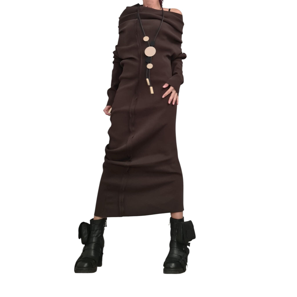 Brown Asymmetrical Maxi Dress, Avant Garde Long Sleeve Off Shoulder Gown, Minimalist Artistic Statement Dress for Women