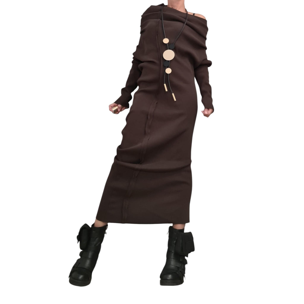 Brown Asymmetrical Maxi Dress, Avant Garde Long Sleeve Off Shoulder Gown, Minimalist Artistic Statement Dress for Women
