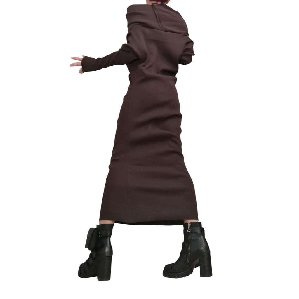 Brown Asymmetrical Maxi Dress, Avant Garde Long Sleeve Off Shoulder Gown, Minimalist Artistic Statement Dress for Women