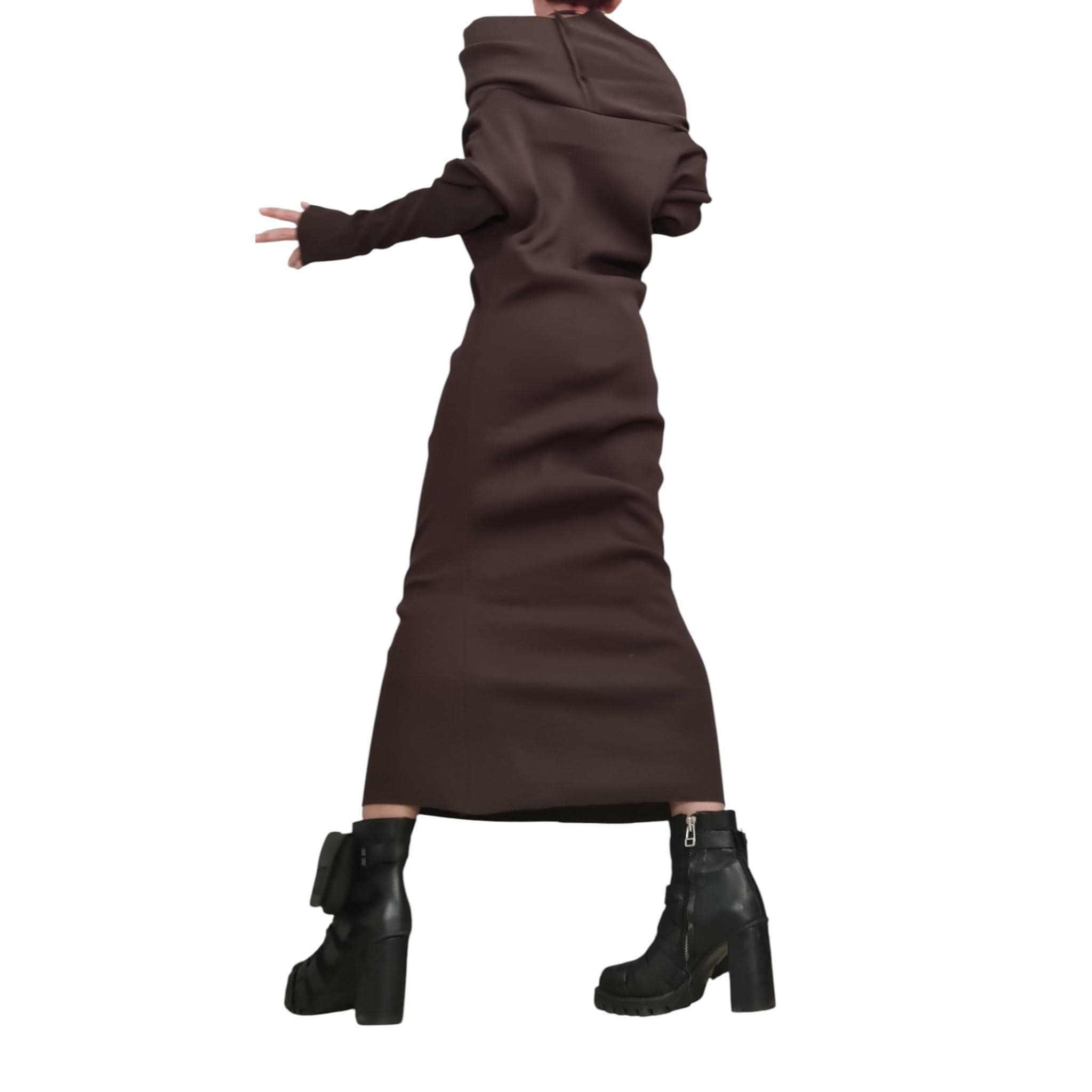 Brown Asymmetrical Maxi Dress, Avant Garde Long Sleeve Off Shoulder Gown, Minimalist Artistic Statement Dress for Women