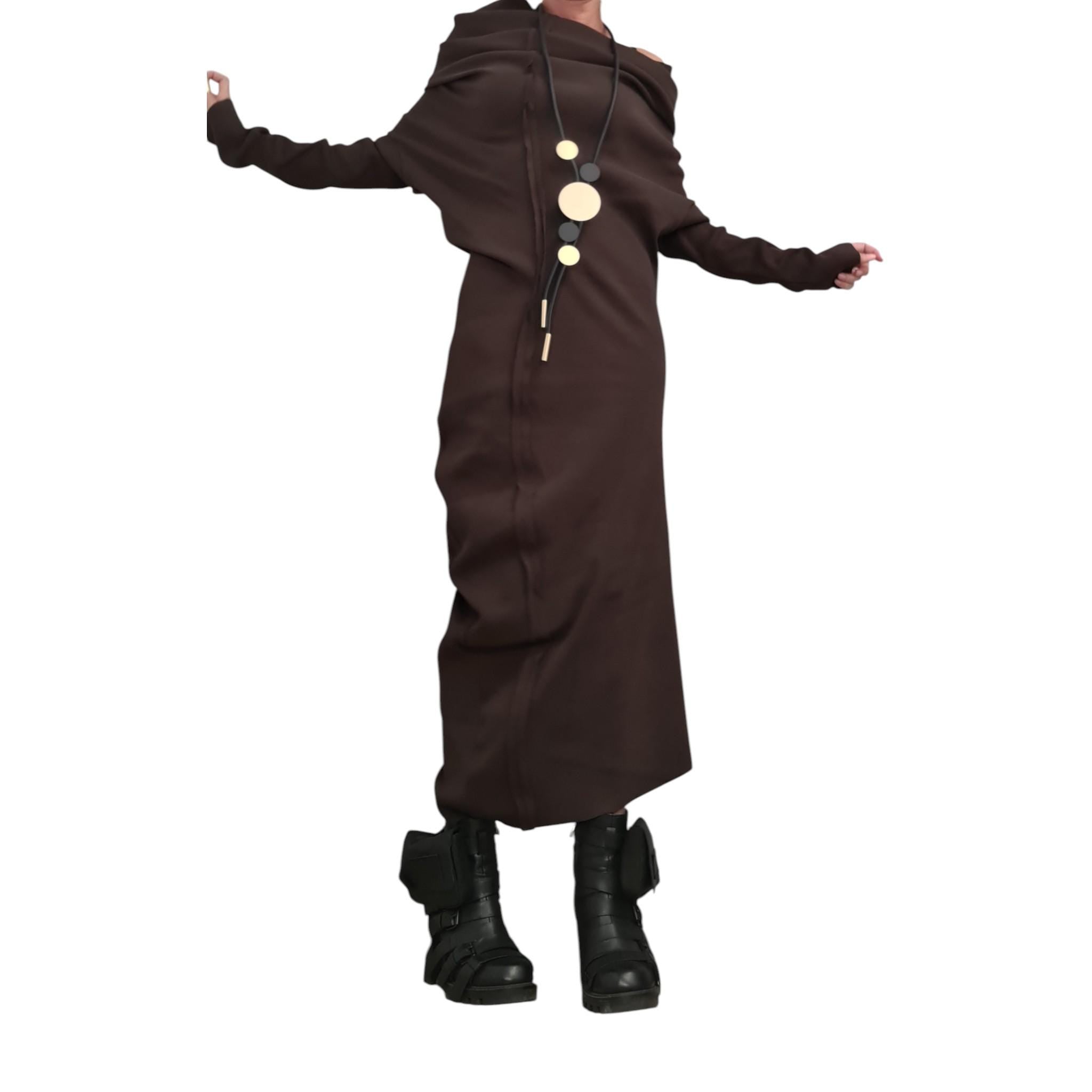 Brown Asymmetrical Maxi Dress, Avant Garde Long Sleeve Off Shoulder Gown, Minimalist Artistic Statement Dress for Women