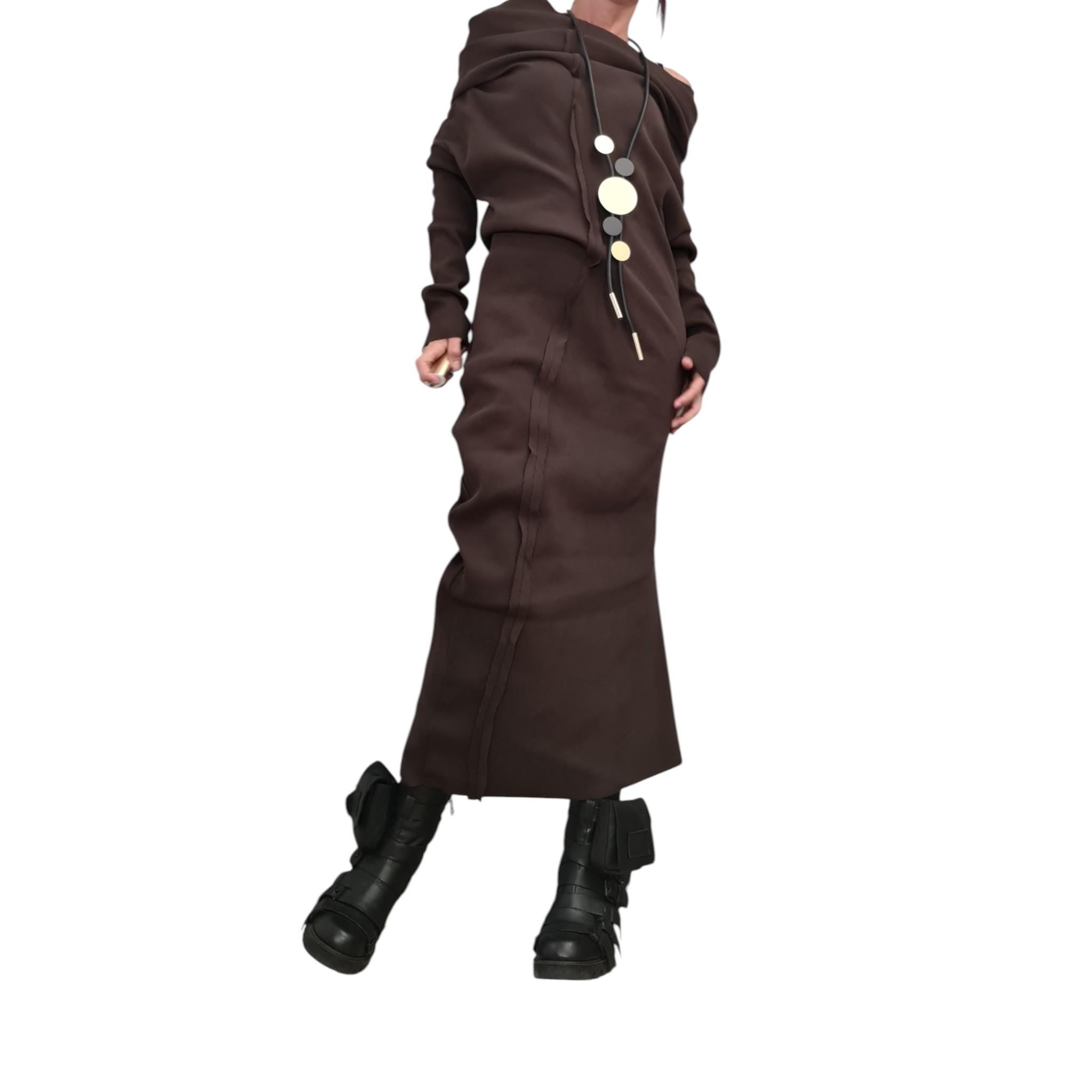 Brown Asymmetrical Maxi Dress, Avant Garde Long Sleeve Off Shoulder Gown, Minimalist Artistic Statement Dress for Women
